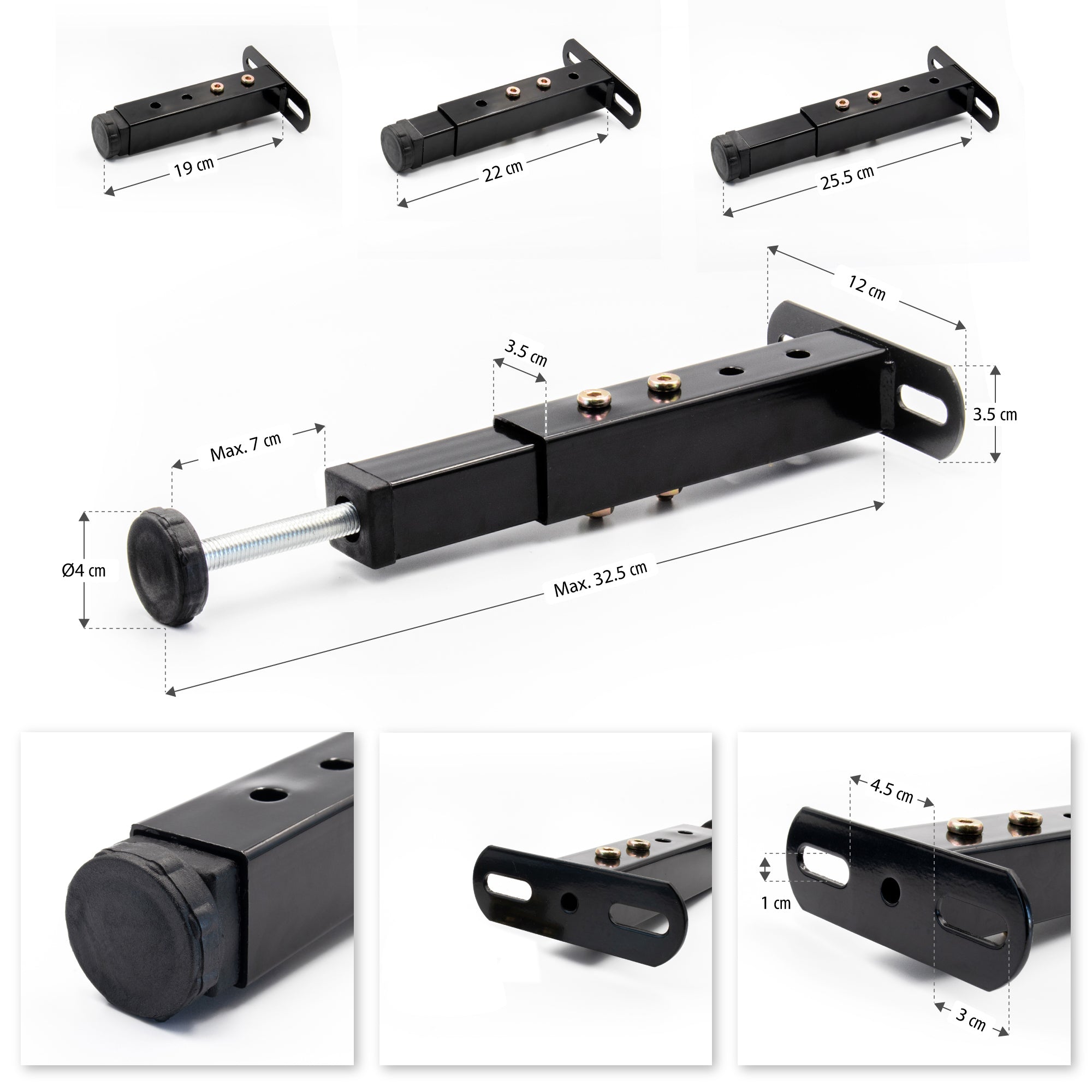 Pé metálico em T regulável 19–32,5 cm para móveis, até 180 kg, preto