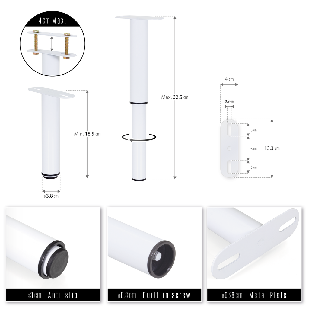 Pé Metálico em T Regulável 18,5–32,5 cm para Móveis e Estrados, até 180 kg, Branco