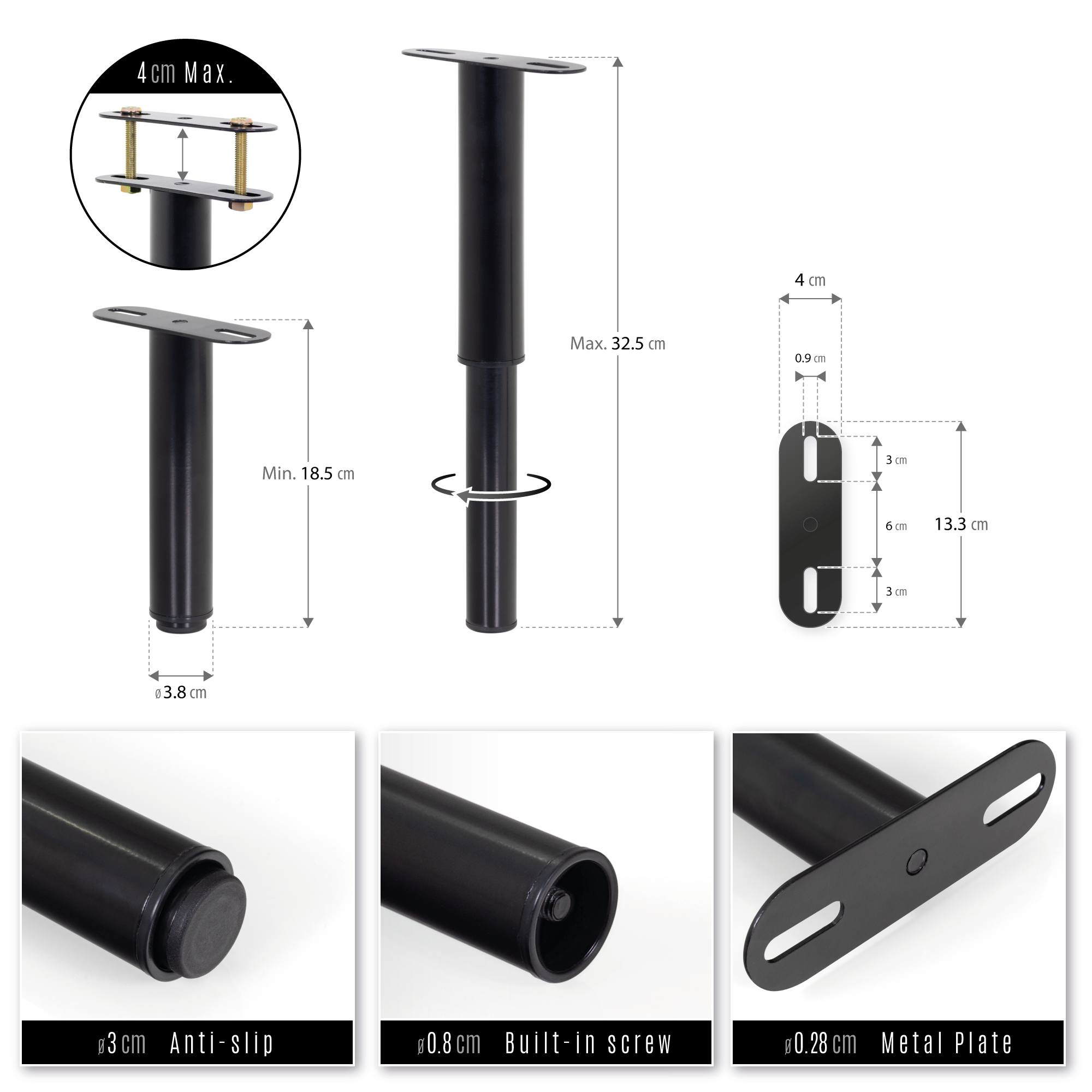 Pé Metálico em T Regulável 18,5–32,5 cm para Móveis e Estrados, até 180 kg, Preto