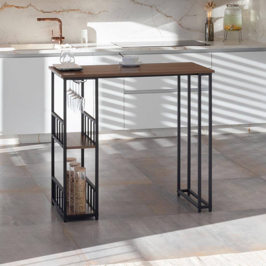 GAVIN – Mesa de Bar 110x50 cm, Altura 105 cm, com 2 Prateleiras e Porta-Copos, Estrutura em Aço, Estilo Industrial, Preto