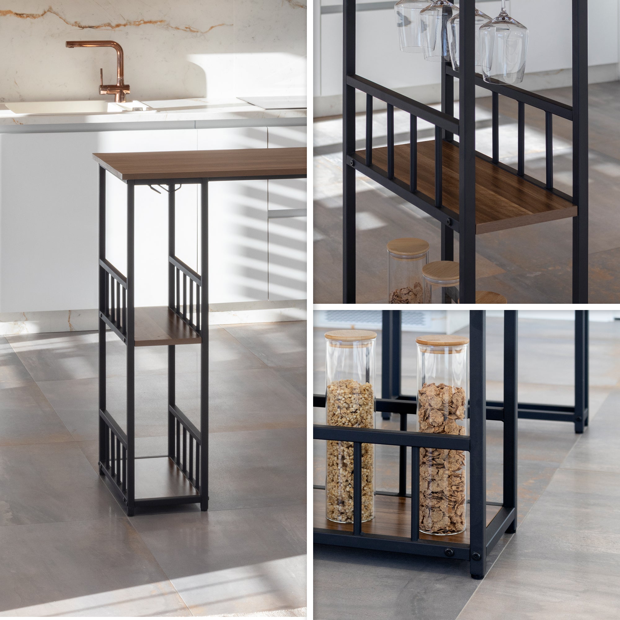 GAVIN – Mesa de Bar 110x50 cm, Altura 105 cm, com 2 Prateleiras e Porta-Copos, Estrutura em Aço, Estilo Industrial, Preto