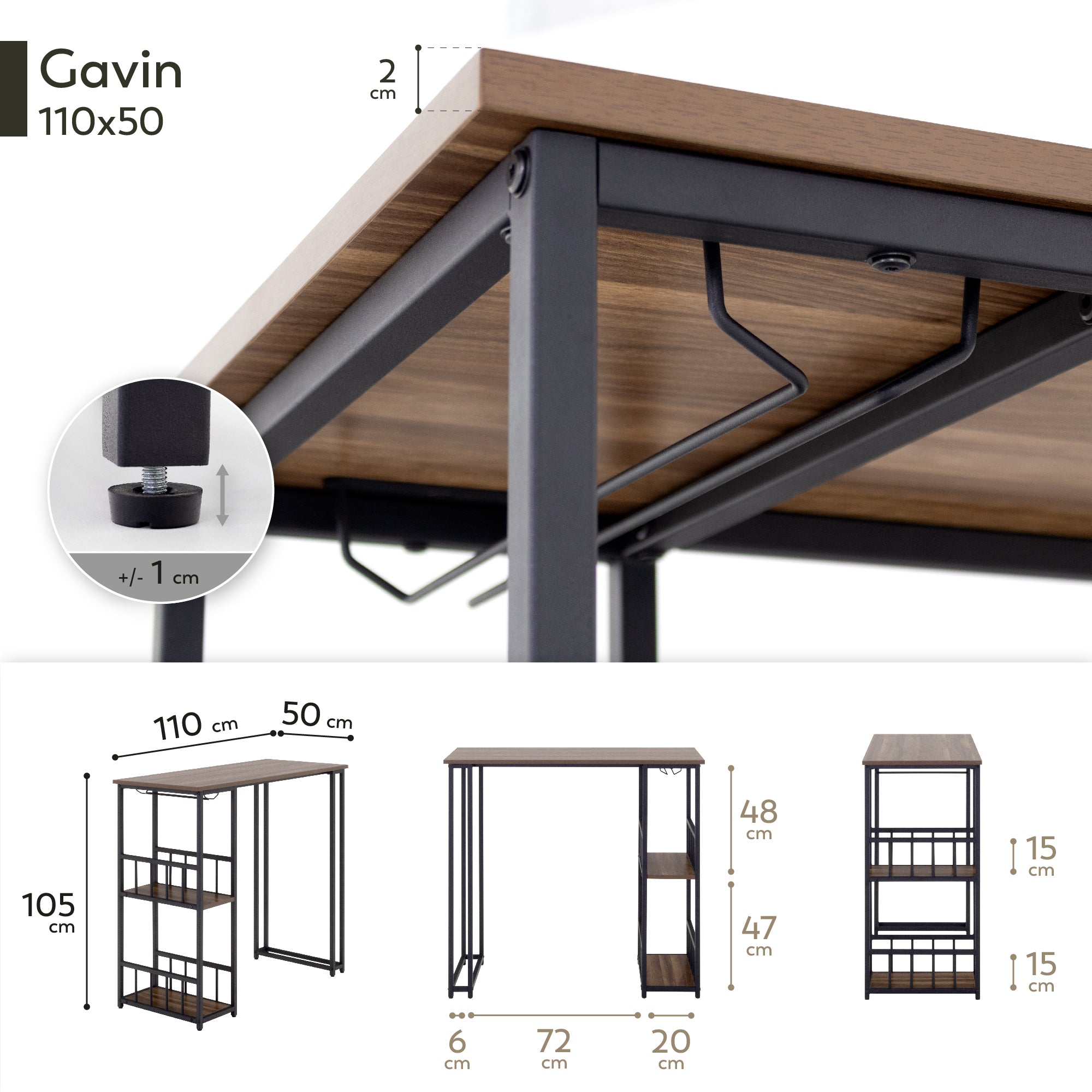 GAVIN – Mesa de Bar 110x50 cm, Altura 105 cm, com 2 Prateleiras e Porta-Copos, Estrutura em Aço, Estilo Industrial, Preto
