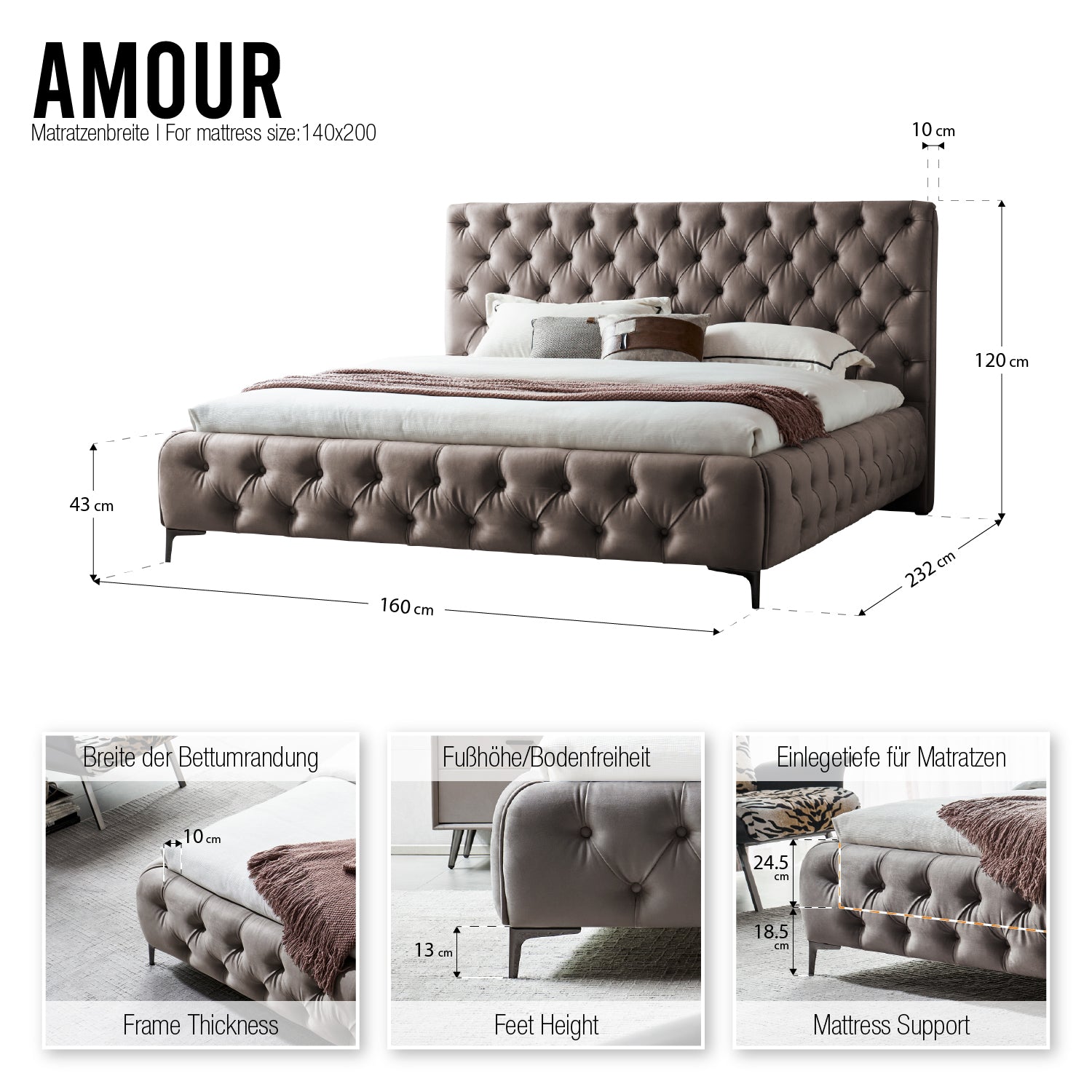AMOUR – Cama estofada branca ou bege acinzentado com cabeceira acolchoada, com ou sem cristais