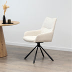 RAINER - Conjunto de 2 cadeiras de jantar estofadas e giratórias 360°, em tecido bege com estrutura em metal preto