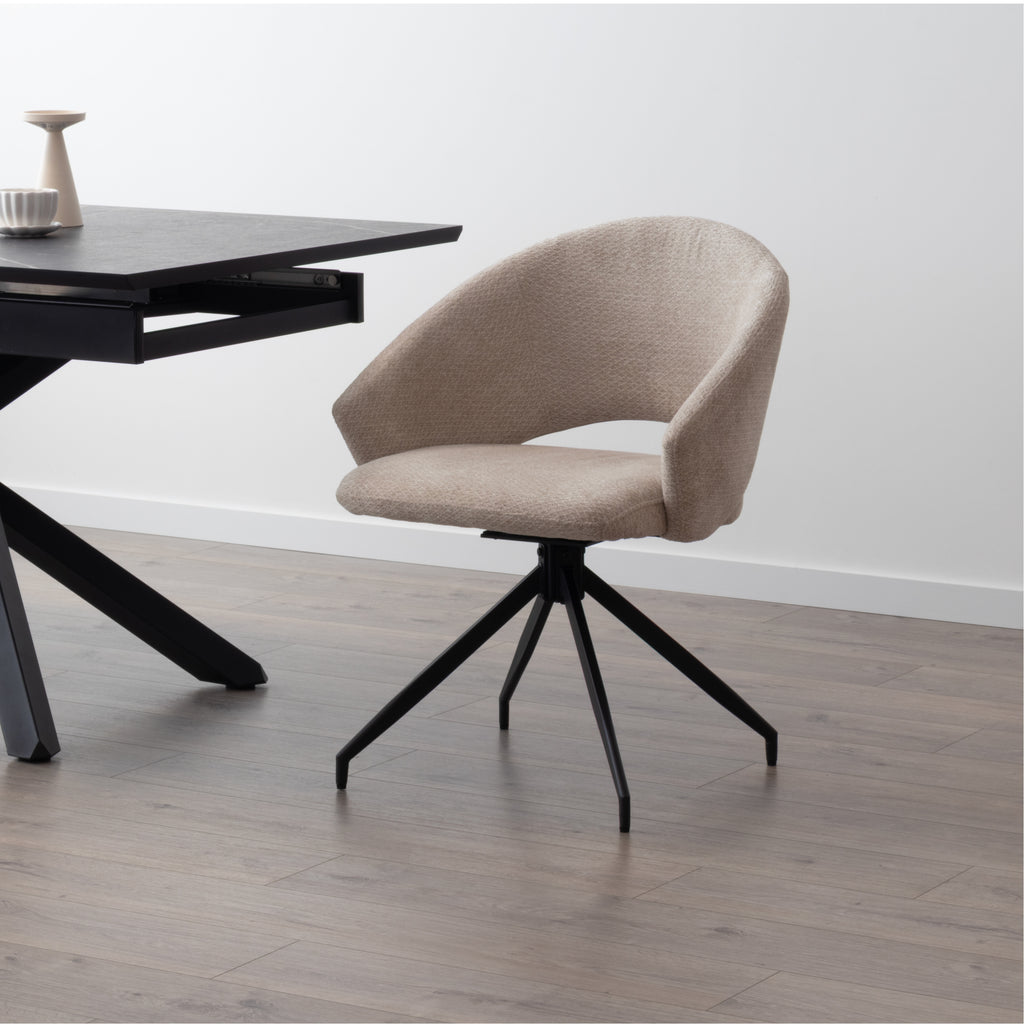 JANE - Conjunto de 2 cadeiras de jantar estofadas e giratórias 360°, em tecido bege com estrutura em metal preto