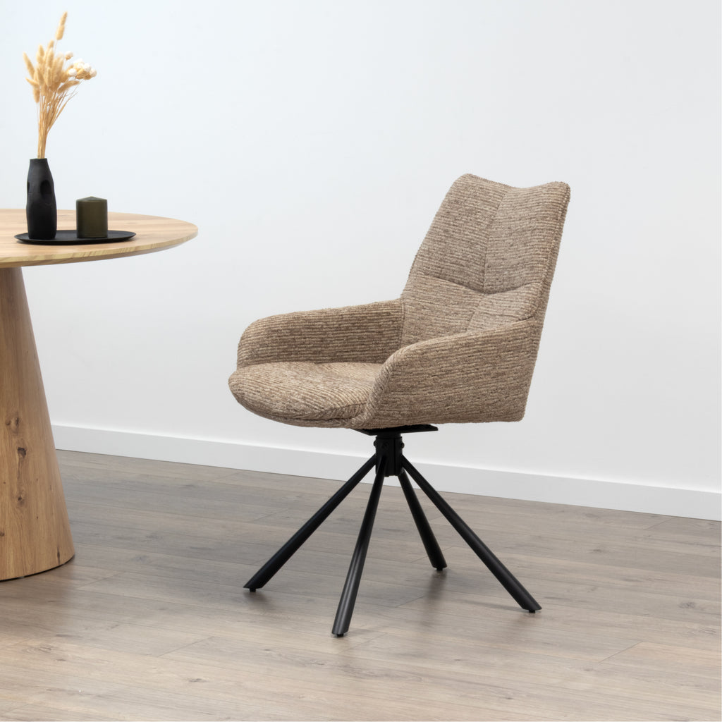 RAINER - Conjunto de 2 cadeiras de jantar giratórias 360°, em tecido castanho, estrutura em metal preto