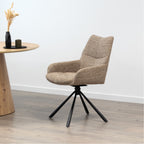 RAINER - Conjunto de 2 cadeiras de jantar giratórias 360°, em tecido castanho, estrutura em metal preto