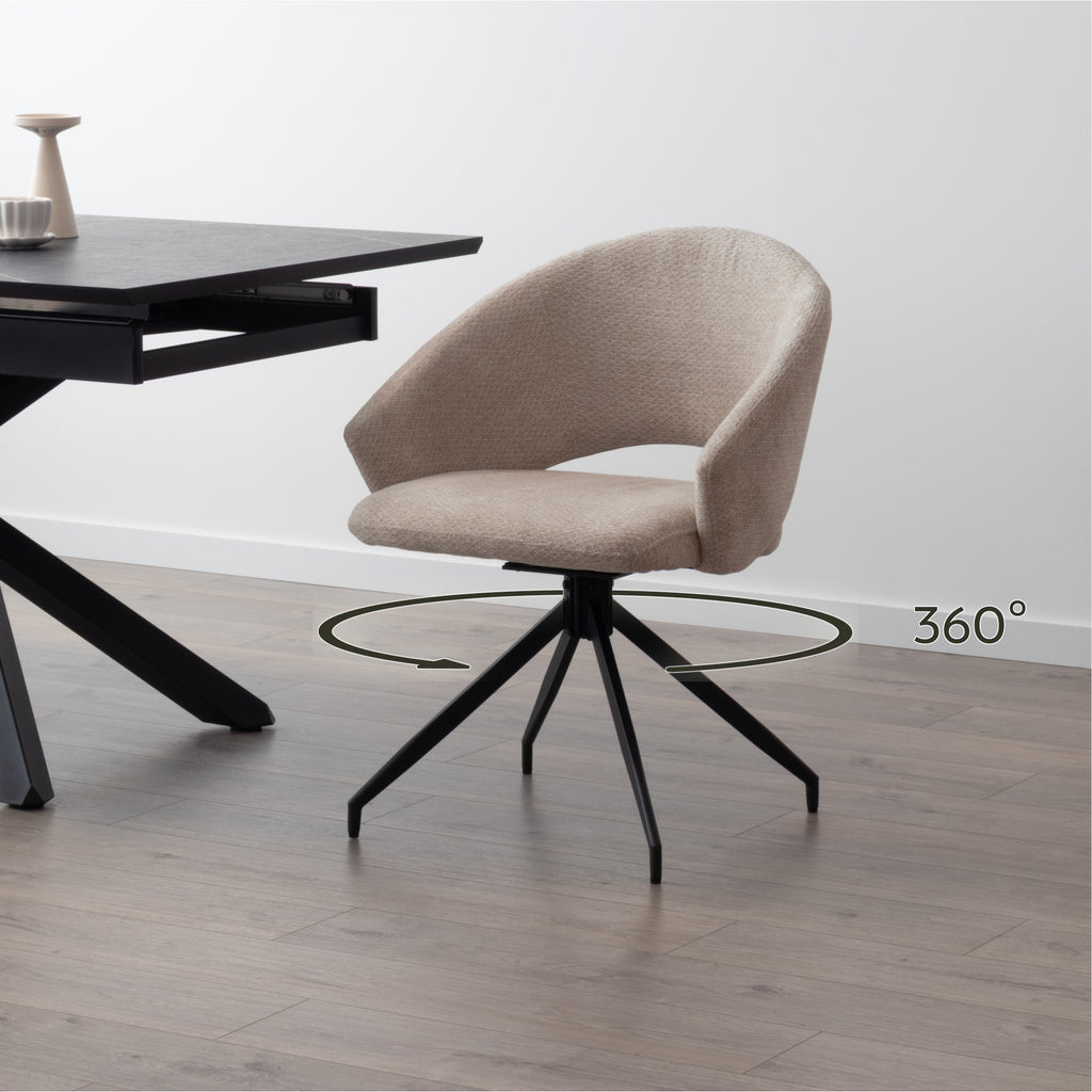 JANE - Conjunto de 2 cadeiras de jantar estofadas e giratórias 360°, em tecido bege com estrutura em metal preto
