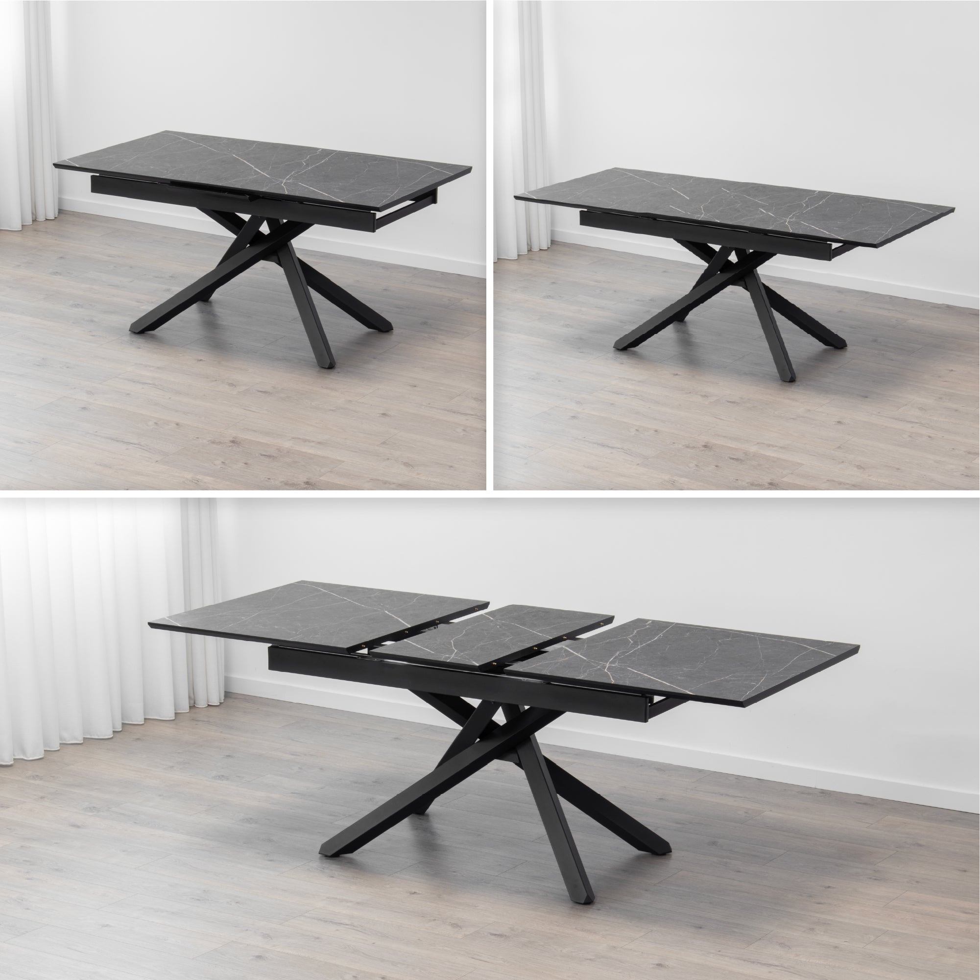 TAYLOR - Mesa de jantar/cozinha extensível com tampo de 2,5 cm em melamine com efeito mármore e estrutura em metal preto