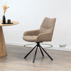 RAINER - Conjunto de 2 cadeiras de jantar giratórias 360°, em tecido castanho, estrutura em metal preto