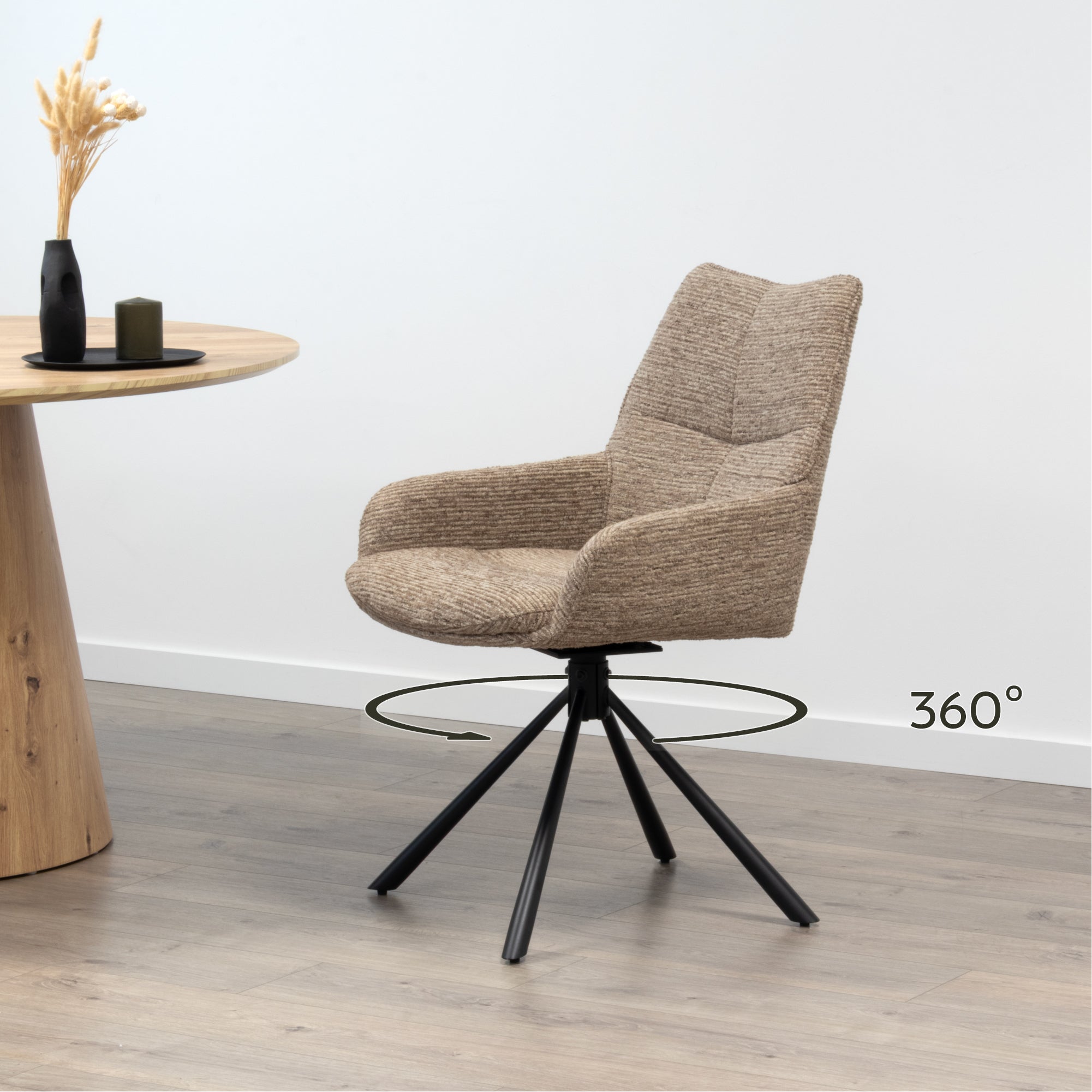 RAINER - Conjunto de 2 cadeiras de jantar giratórias 360°, em tecido castanho, estrutura em metal preto