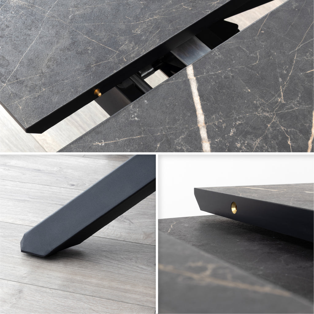 TAYLOR - Mesa de jantar/cozinha extensível com tampo de 2,5 cm em melamine com efeito mármore e estrutura em metal preto