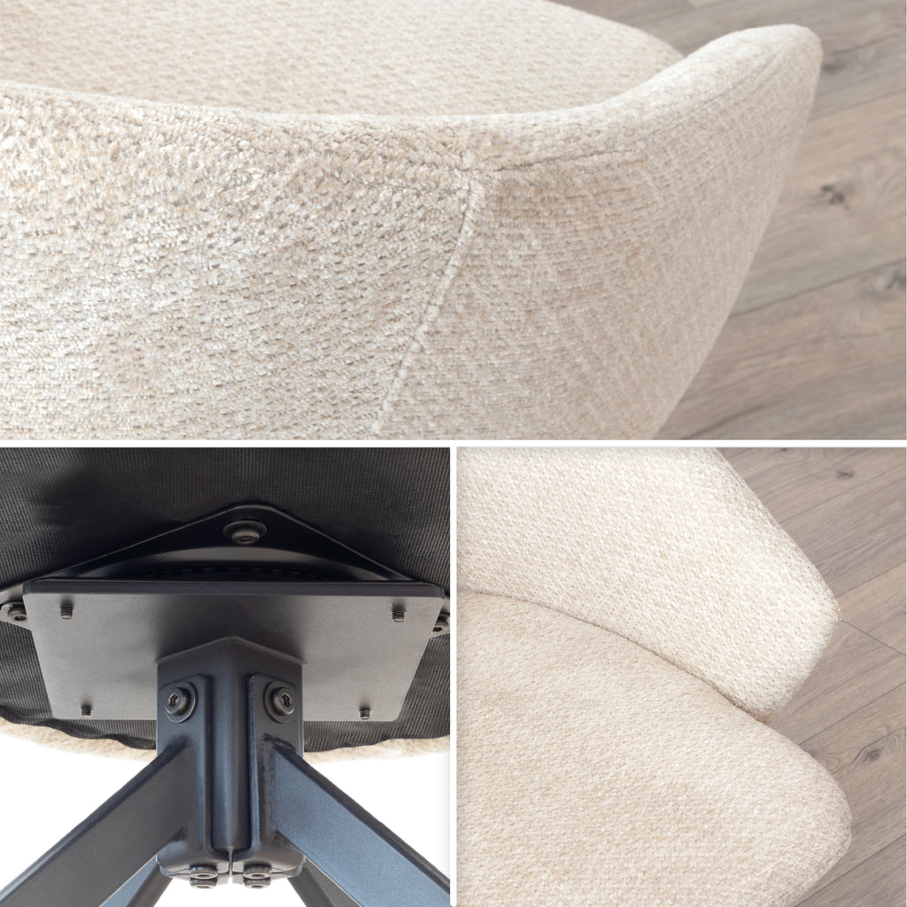 JANE - Conjunto de 2 cadeiras de jantar estofadas e giratórias 360°, em tecido bege com estrutura em metal preto