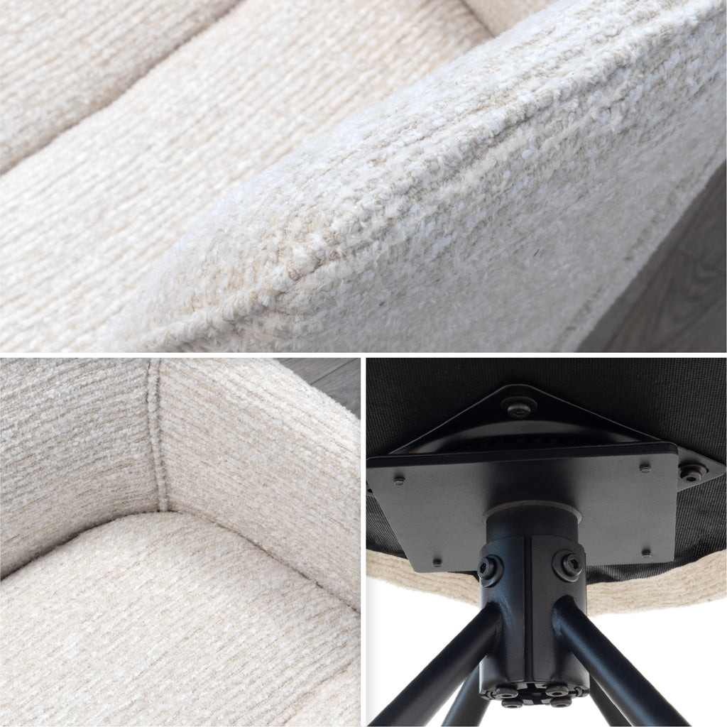 RAINER - Conjunto de 2 cadeiras de jantar estofadas e giratórias 360°, em tecido bege com estrutura em metal preto