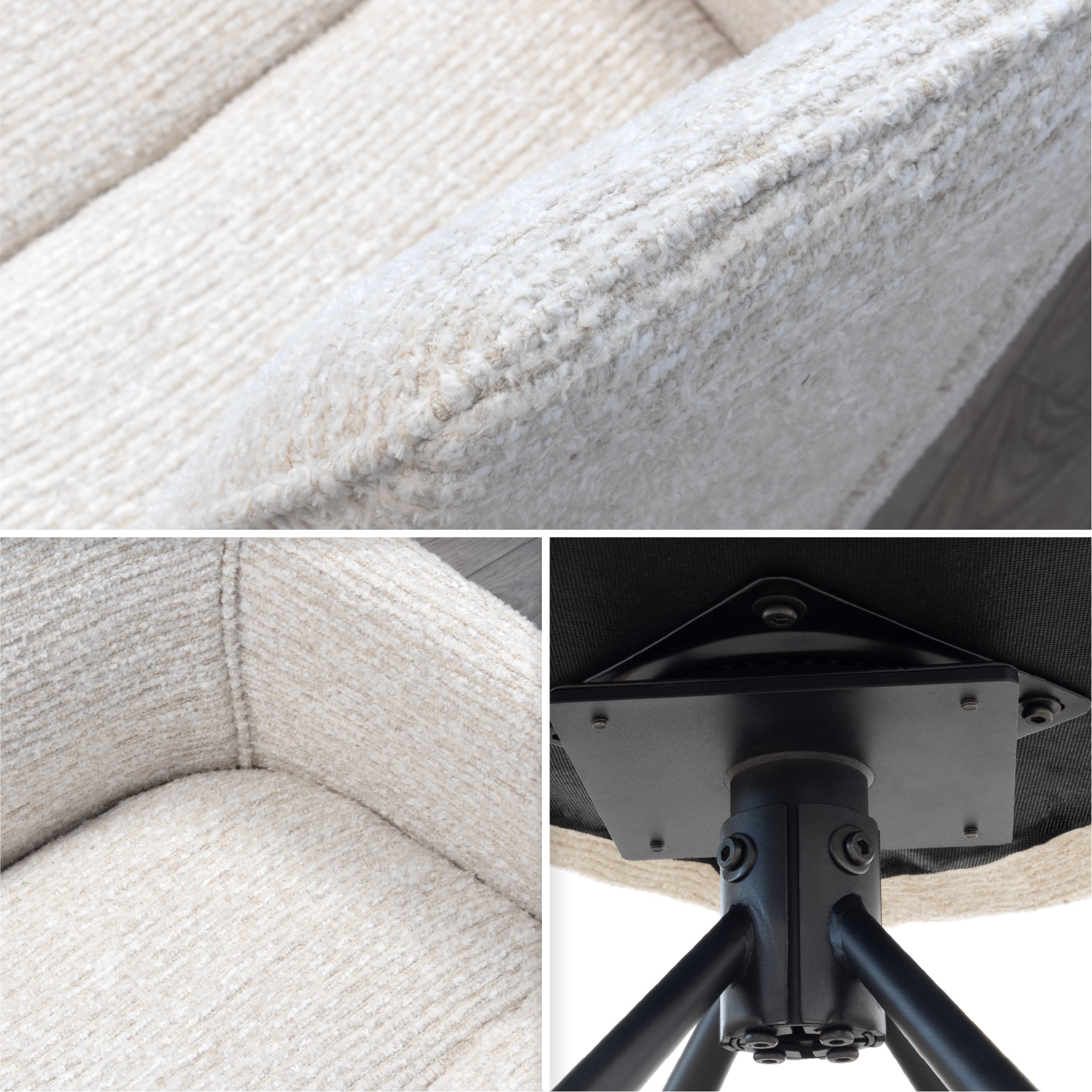 RAINER - Conjunto de 2 cadeiras de jantar estofadas e giratórias 360°, em tecido bege com estrutura em metal preto