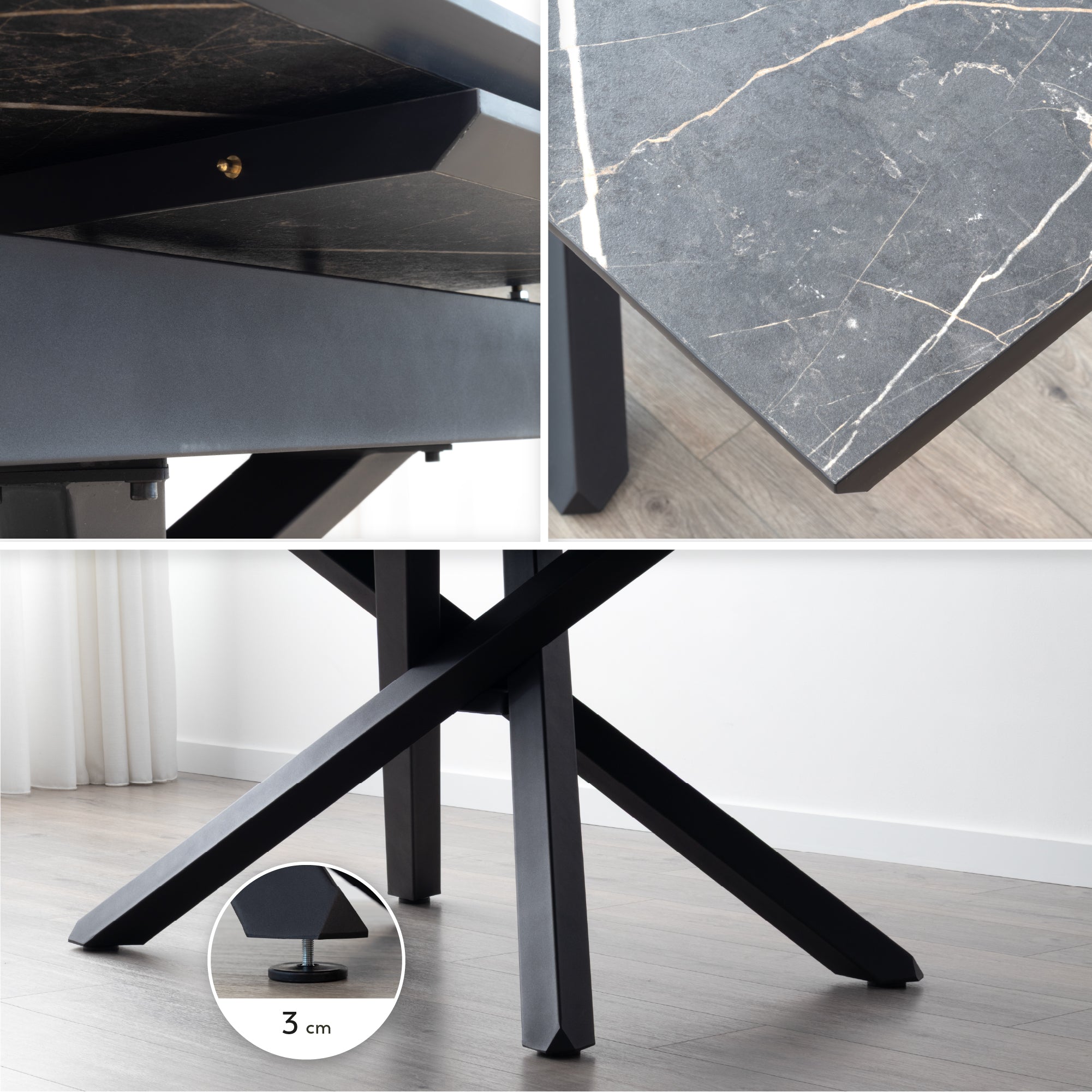 TAYLOR - Mesa de jantar/cozinha extensível com tampo de 2,5 cm em melamine com efeito mármore e estrutura em metal preto