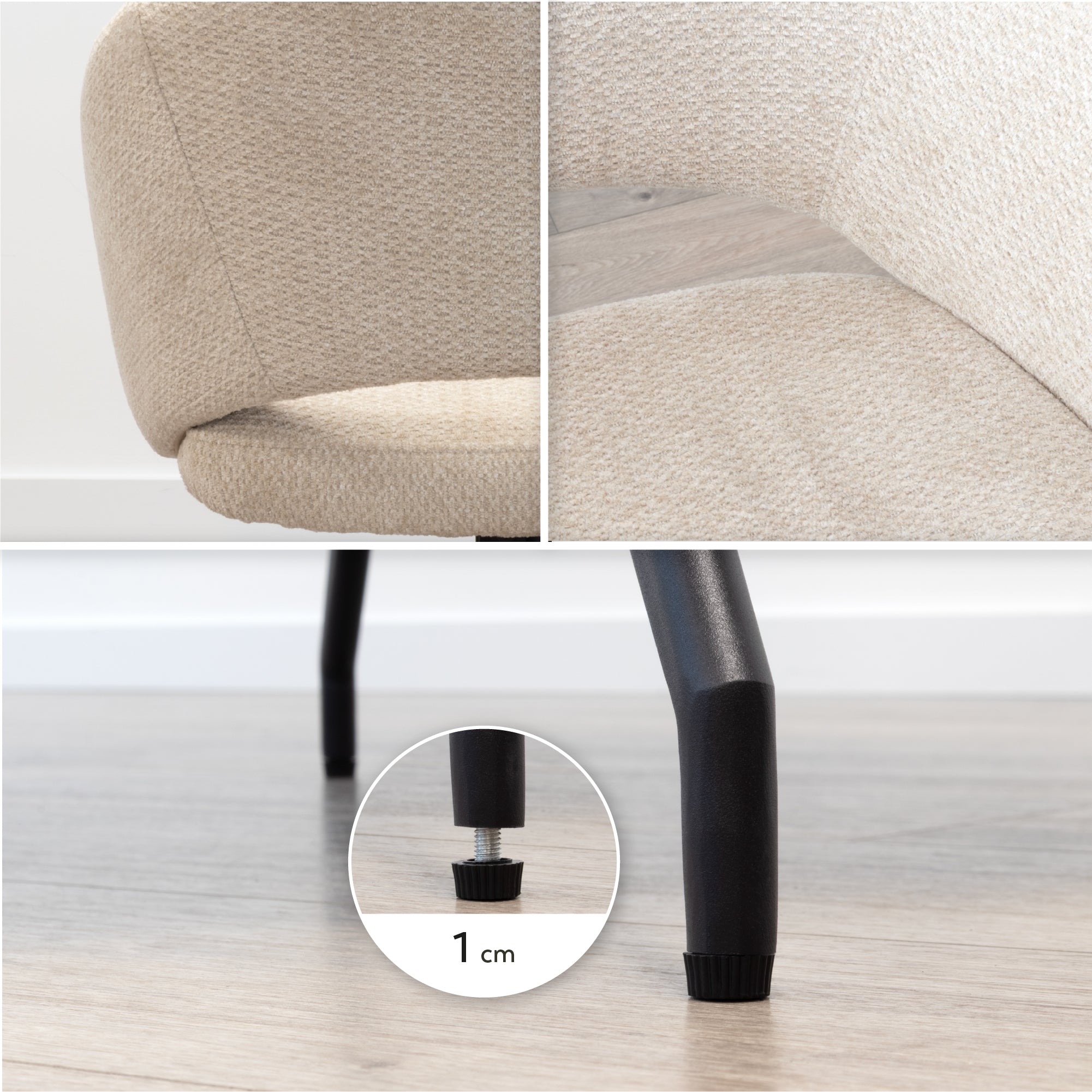 JANE - Conjunto de 2 cadeiras de jantar estofadas e giratórias 360°, em tecido bege com estrutura em metal preto