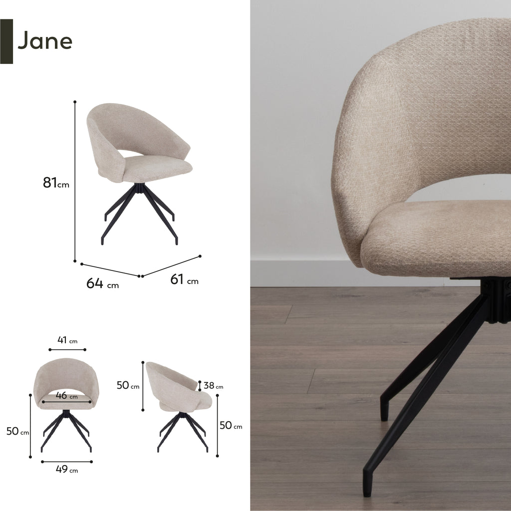 JANE - Conjunto de 2 cadeiras de jantar estofadas e giratórias 360°, em tecido bege com estrutura em metal preto