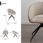 JANE - Conjunto de 2 cadeiras de jantar estofadas e giratórias 360°, em tecido bege com estrutura em metal preto