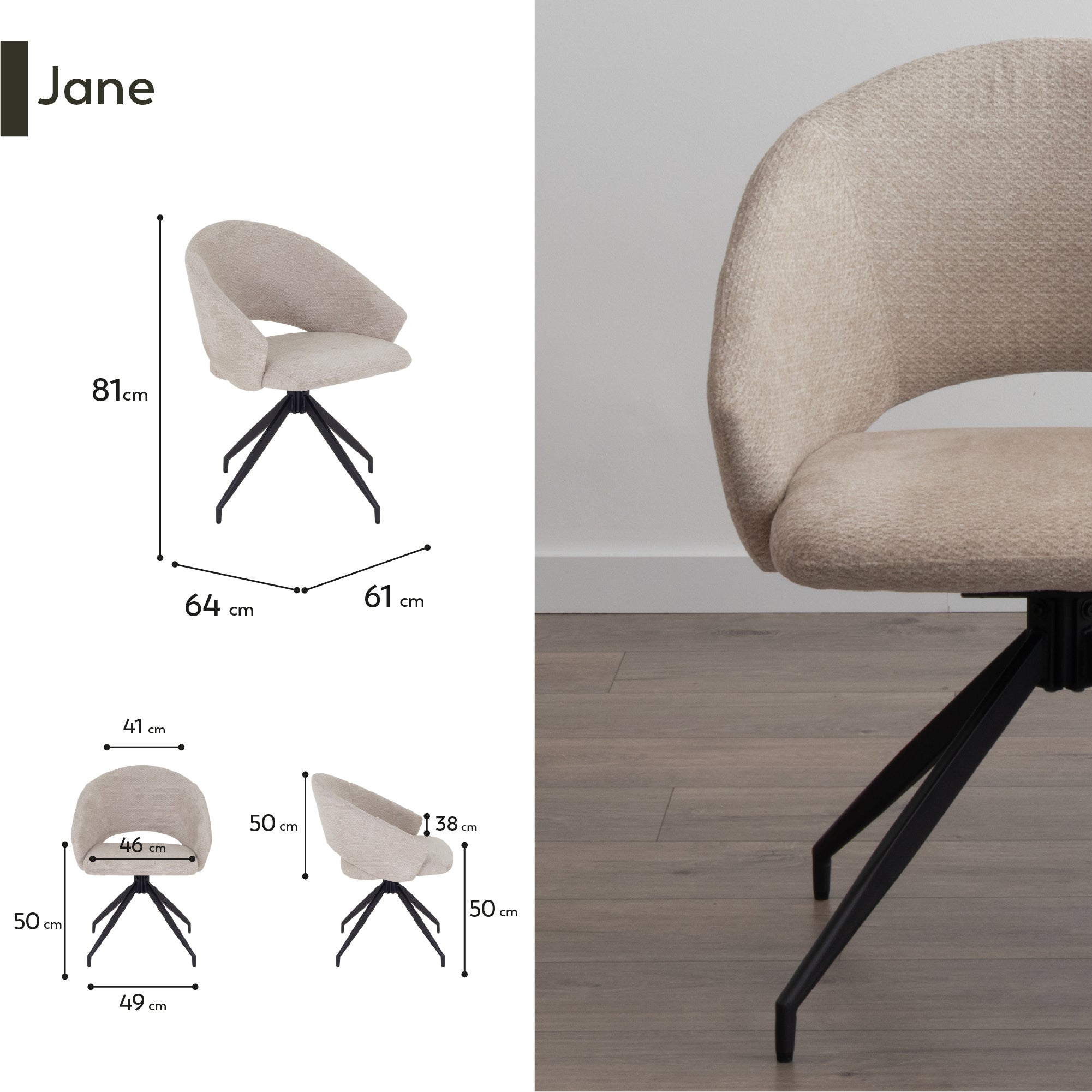 JANE - Conjunto de 2 cadeiras de jantar estofadas e giratórias 360°, em tecido bege com estrutura em metal preto