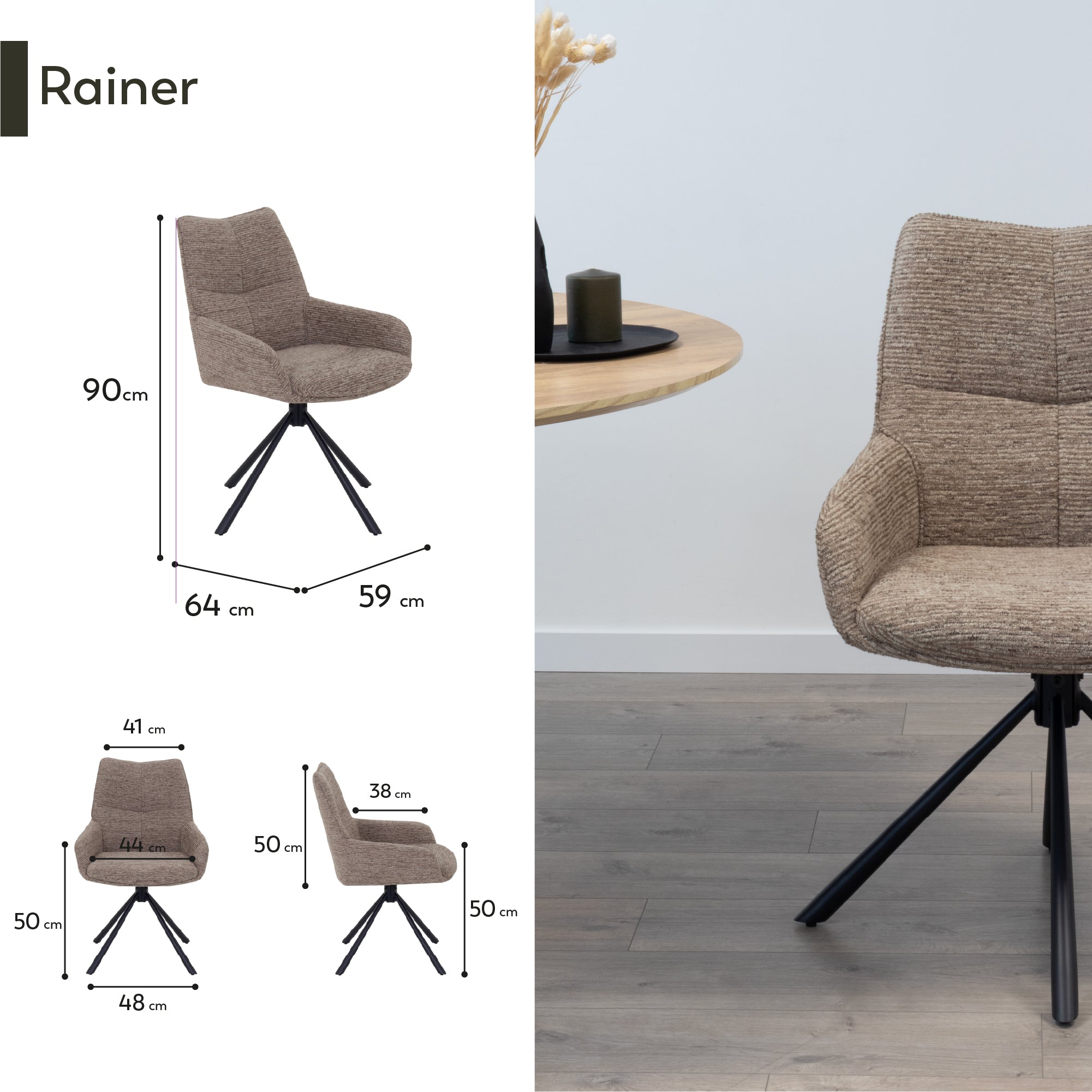 RAINER - Conjunto de 2 cadeiras de jantar giratórias 360°, em tecido castanho, estrutura em metal preto