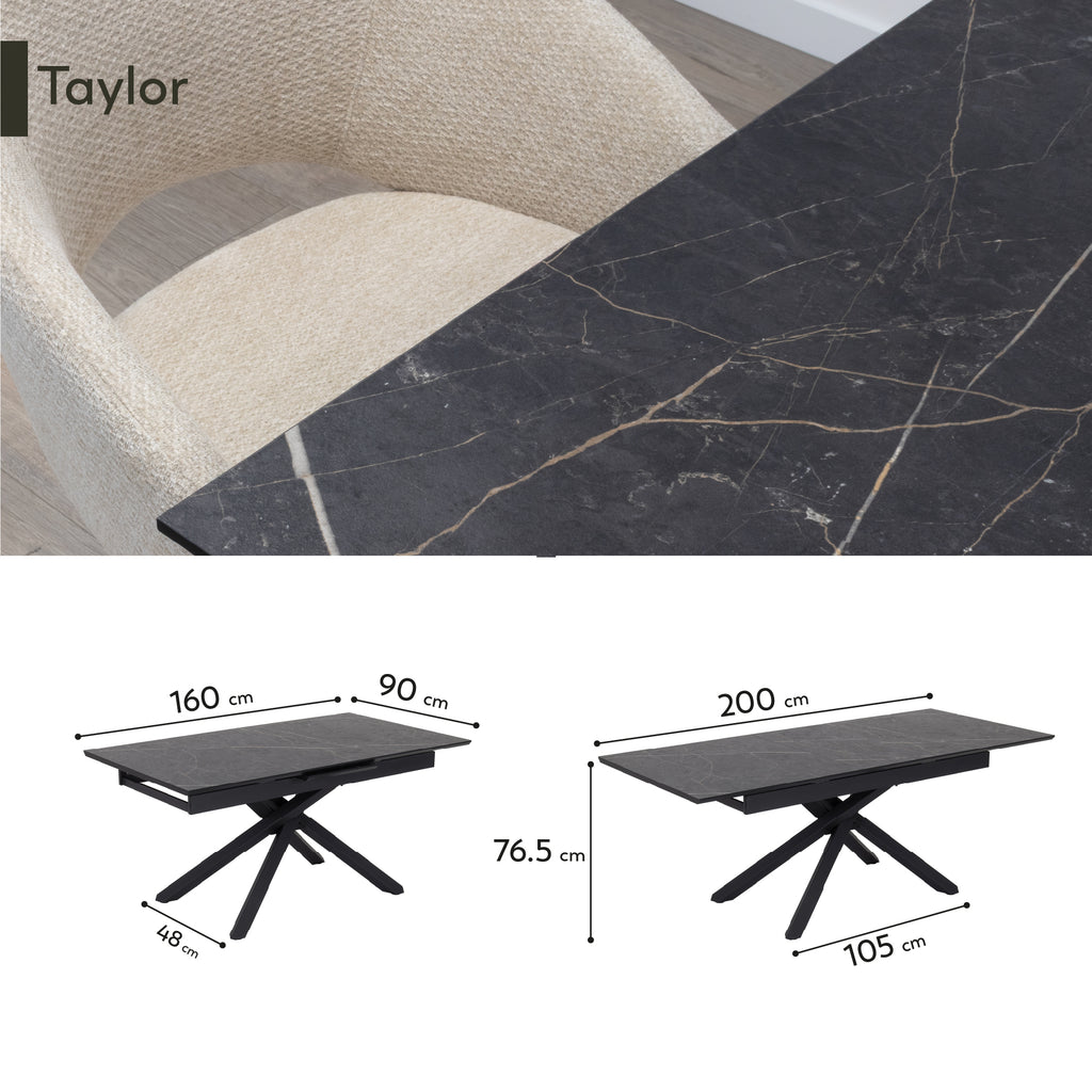 TAYLOR - Mesa de jantar/cozinha extensível com tampo de 2,5 cm em melamine com efeito mármore e estrutura em metal preto