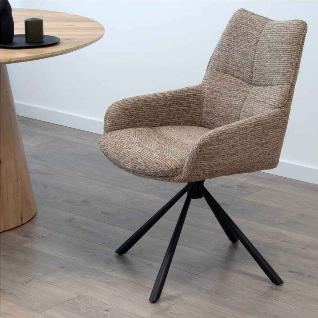 RAINER - Conjunto de 2 cadeiras de jantar giratórias 360°, em tecido castanho, estrutura em metal preto