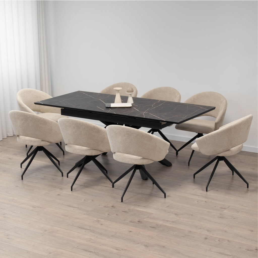 TAYLOR - Mesa de jantar/cozinha extensível com tampo de 2,5 cm em melamine com efeito mármore e estrutura em metal preto