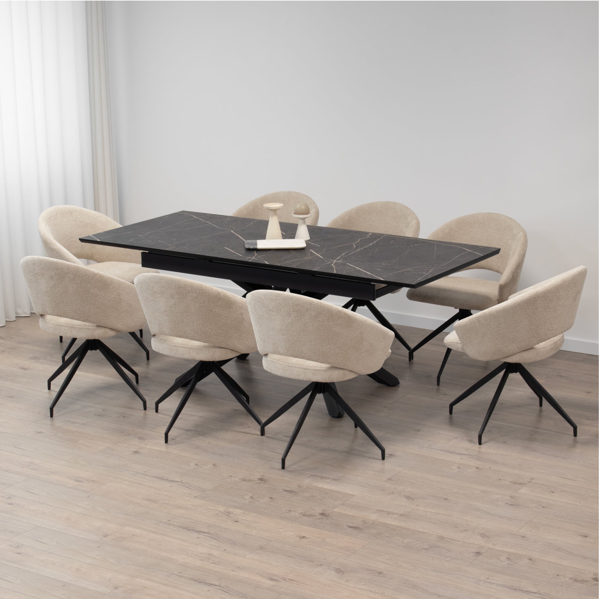 TAYLOR - Mesa de jantar/cozinha extensível com tampo de 2,5 cm em melamine com efeito mármore e estrutura em metal preto