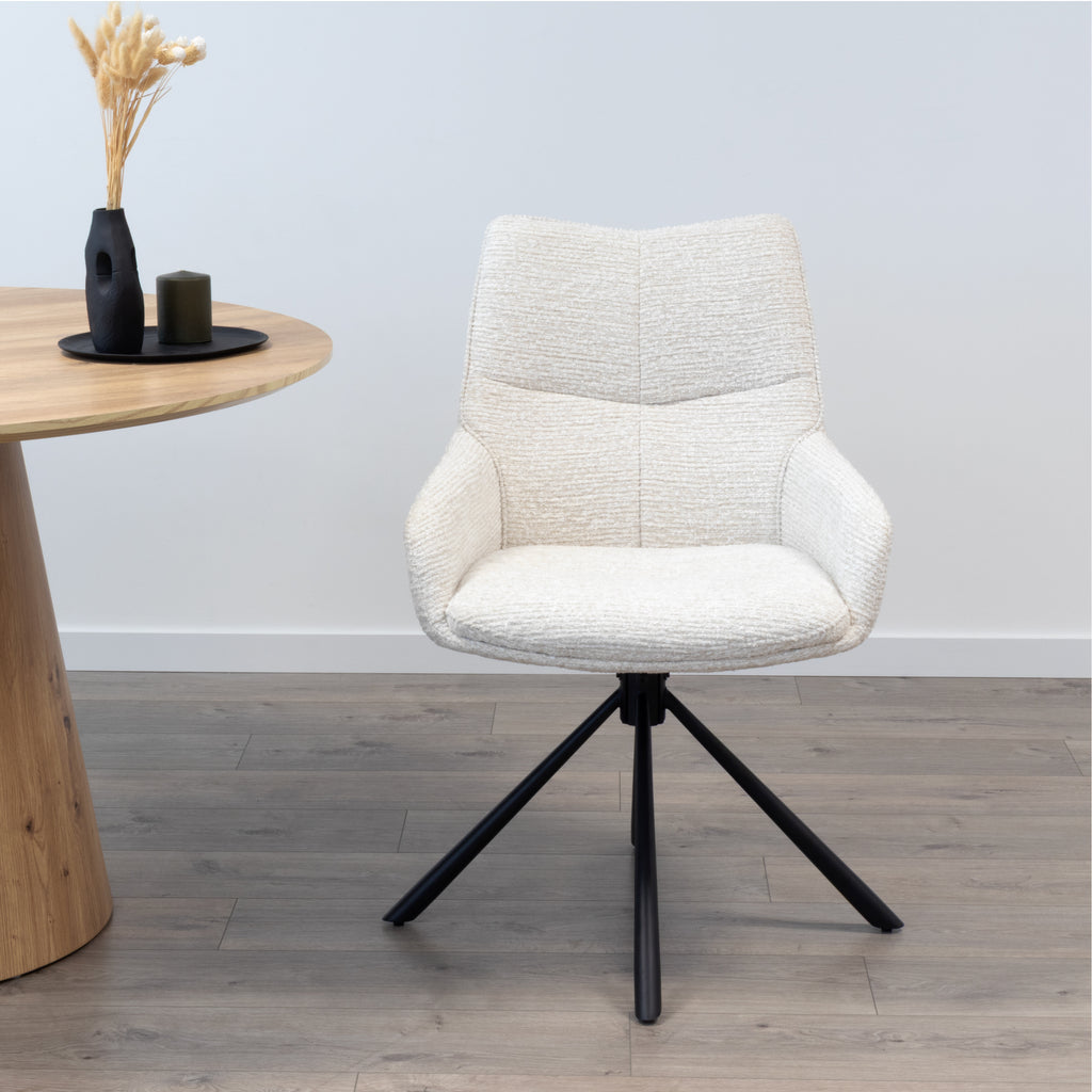 RAINER - Conjunto de 2 cadeiras de jantar estofadas e giratórias 360°, em tecido bege com estrutura em metal preto