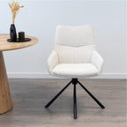 RAINER - Conjunto de 2 cadeiras de jantar estofadas e giratórias 360°, em tecido bege com estrutura em metal preto