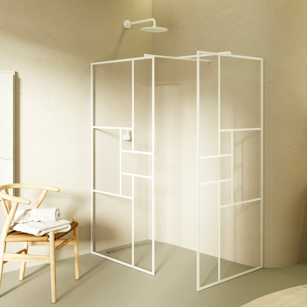 GIANNA – Painel de Duche Walk-In com 2 Painéis em Vidro Temperado c/ Blocos e Perfil Branco com Barra Estabilizadora