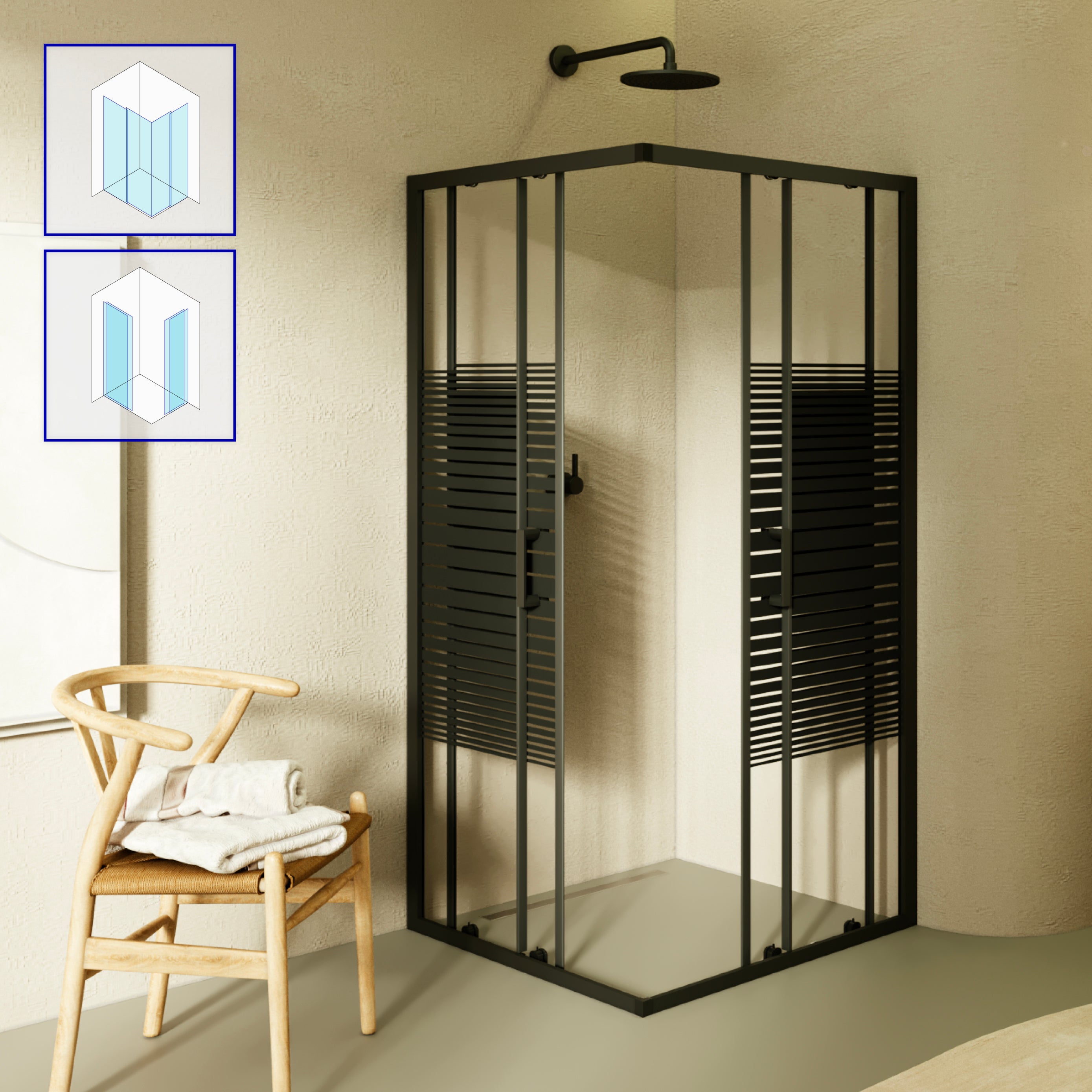 DIANA - Cabine de duche de entrada de canto com portas de correr em vidro temperado às riscas