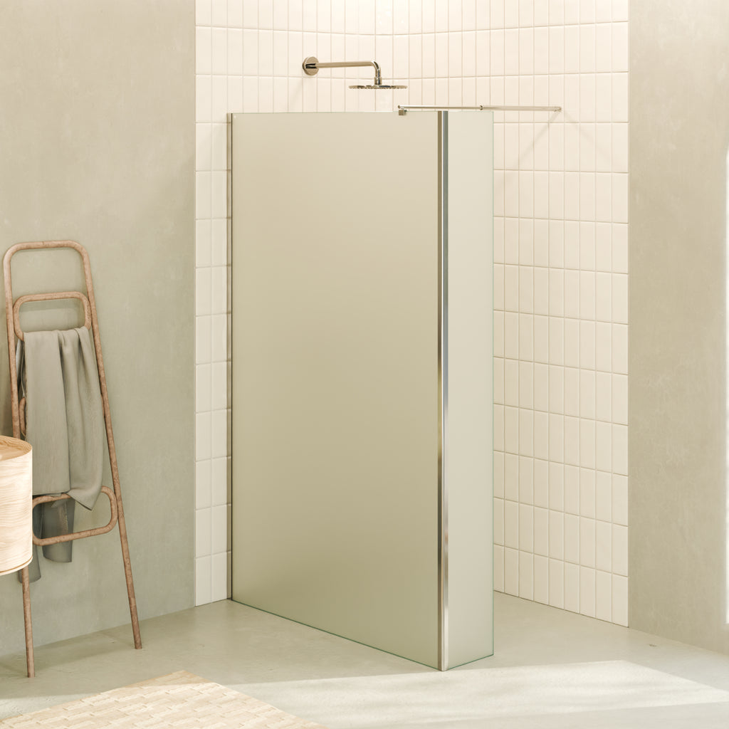 FIONA - Painel de Duche Walk-In com Painel Lateral Fixo 40 cm a 90º em Vidro Satinado 10mm com Perfil e Barra Estabilizadora Cromado