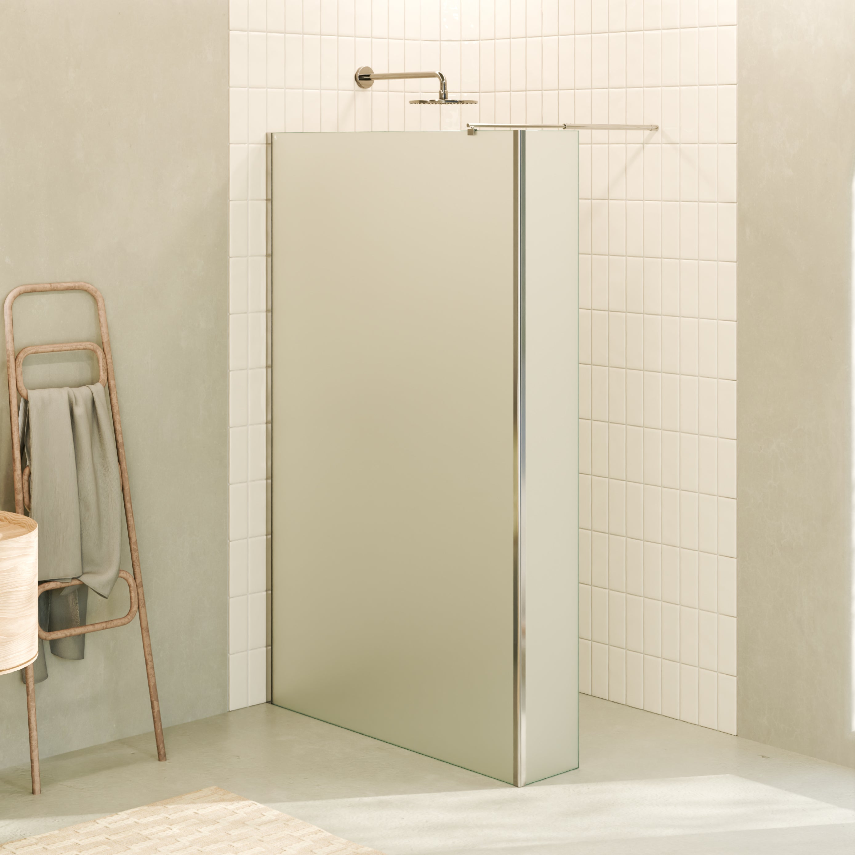 FIONA - Painel de Duche Walk-In com Painel Lateral Fixo 40 cm a 90º em Vidro Satinado 10mm com Perfil e Barra Estabilizadora Cromado