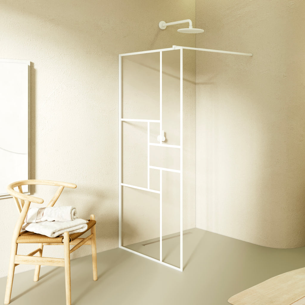 GIANNA - Painel de Duche Walk-In em Vidro Temperado c/ Blocos, Perfil Branco e Barra Estabilizadora