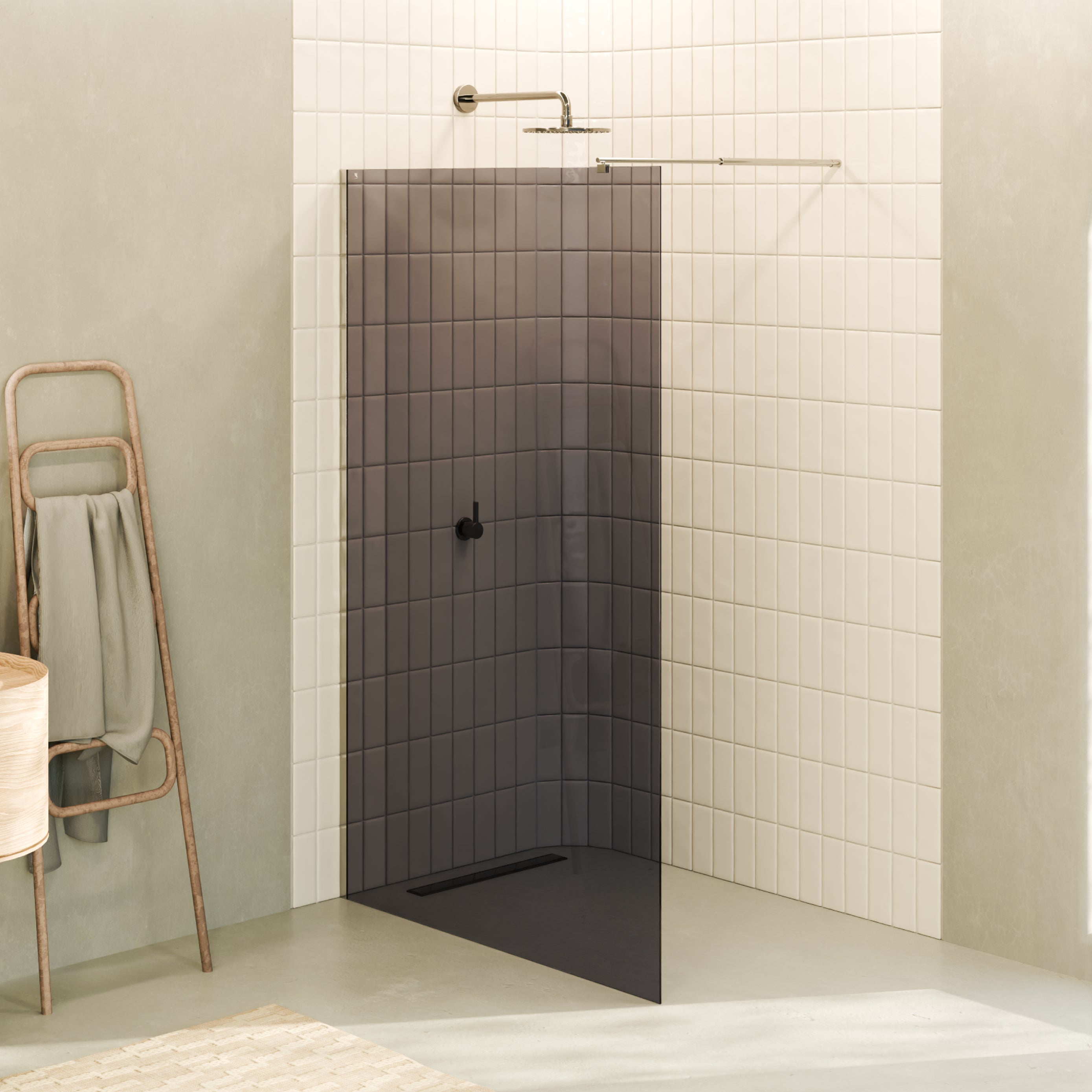 FIONA - Painel de duche Walk-In em Vidro Escurecido 10mm com perfil e Barra Estabilizadora Cromado