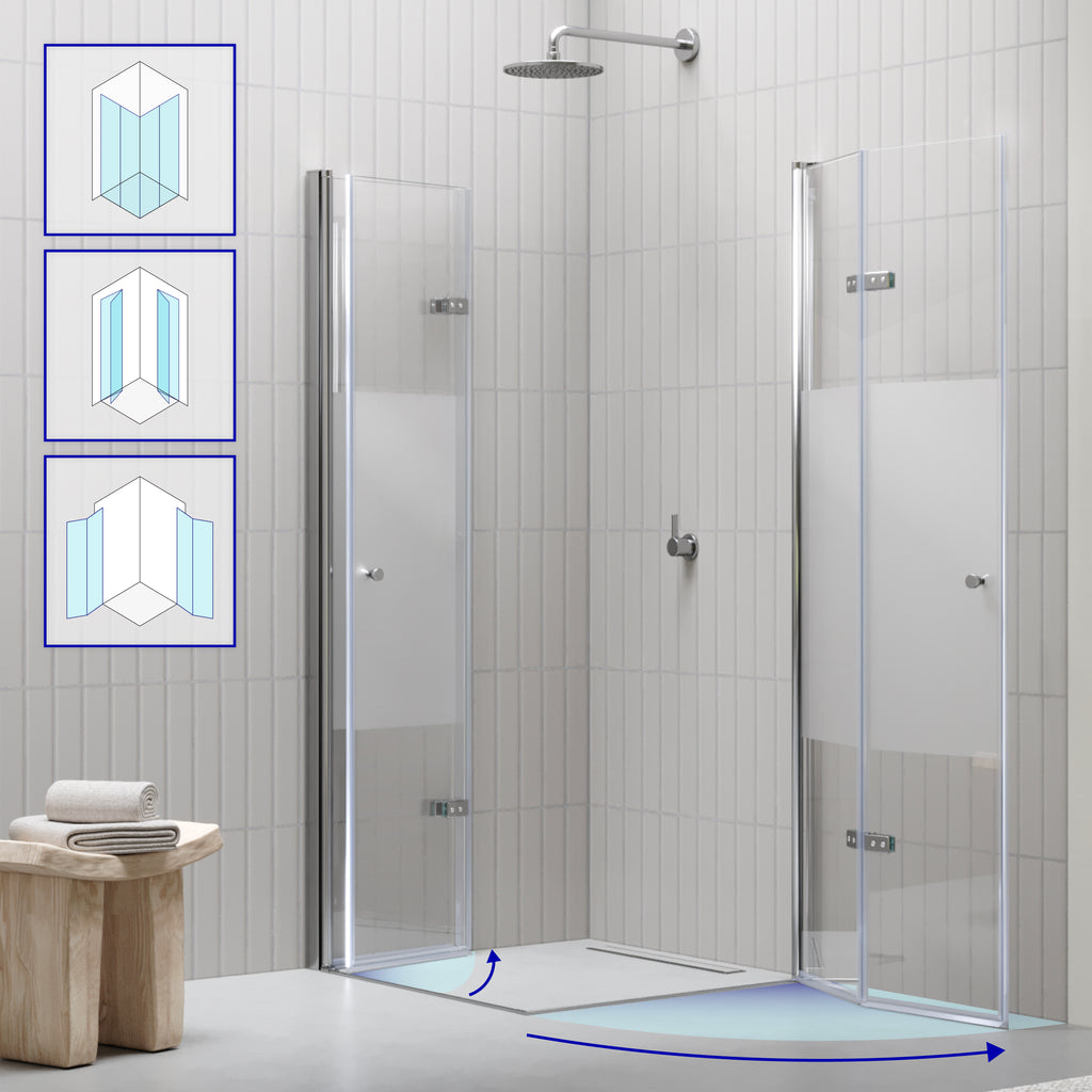 EMMA - Cabine de Duche (70-120 cm x 180-190 cm) com Vidro Meio Fosco 6mm - Entrada de Canto, Portas articuladas e Perfis em Inox