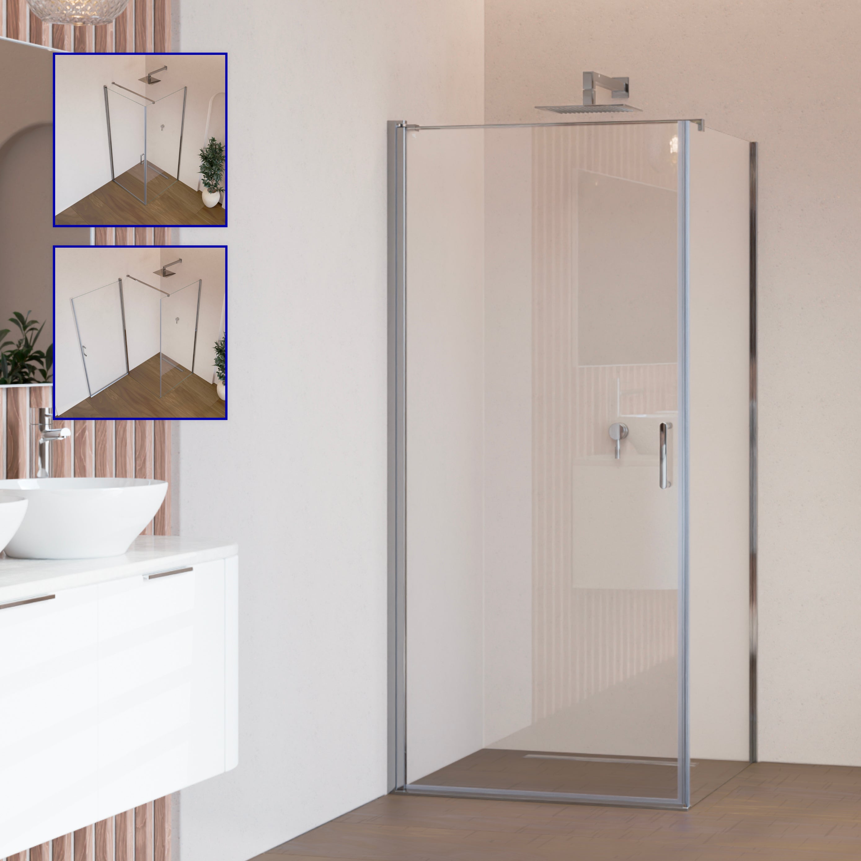 HELLEN - Cabine de duche frontal com portas articuladas em vidro temperado e perfis de aluminio