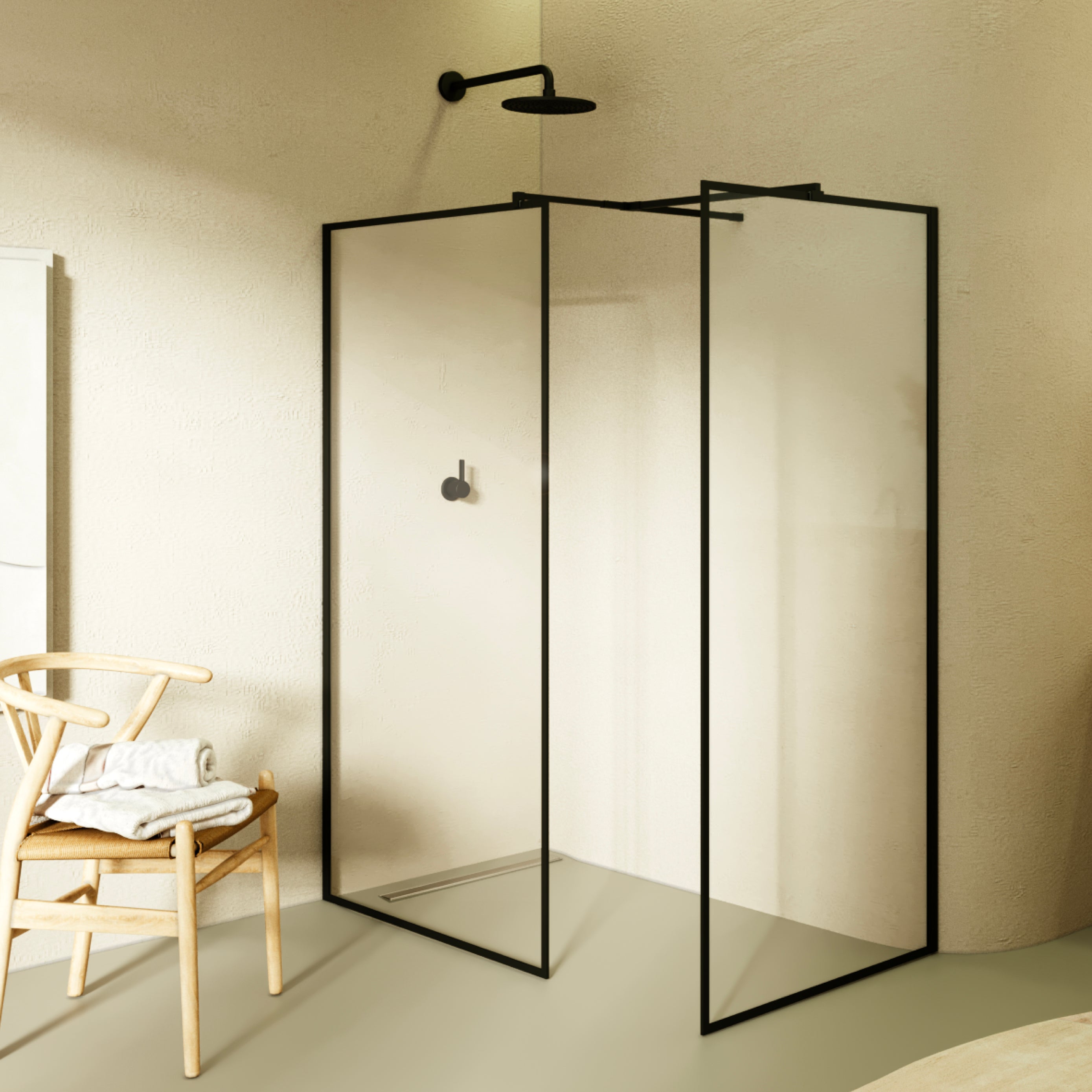 GIANNA – Painel de Duche Walk-In com 2 Painéis em Vidro Temperado e Perfil Preto com Barra Estabilizadora