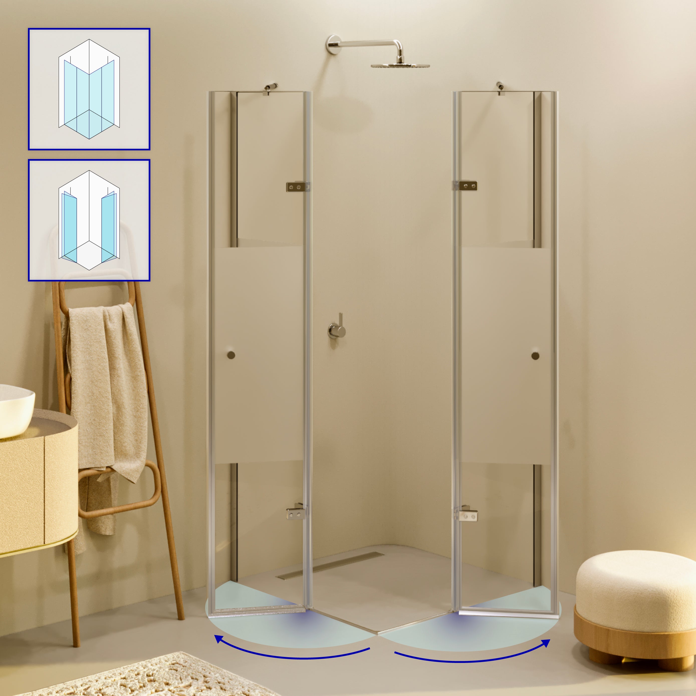 ALICE - Cabine de duche com portas articuladas em vidro temperado meio fosco