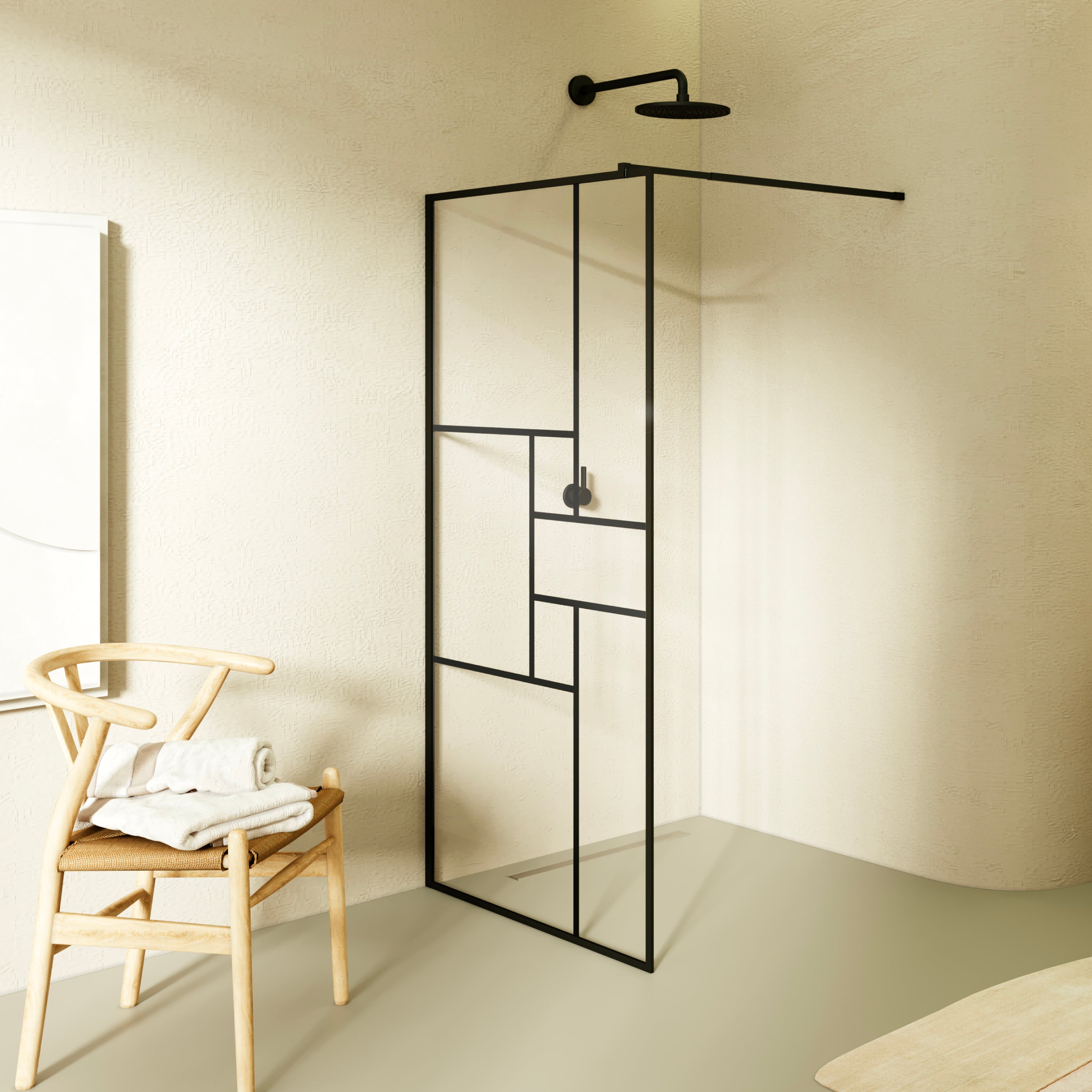 GIANNA - Painel de Duche Walk-In em Vidro Temperado c/ Blocos, Perfil Preto e Barra Estabilizadora