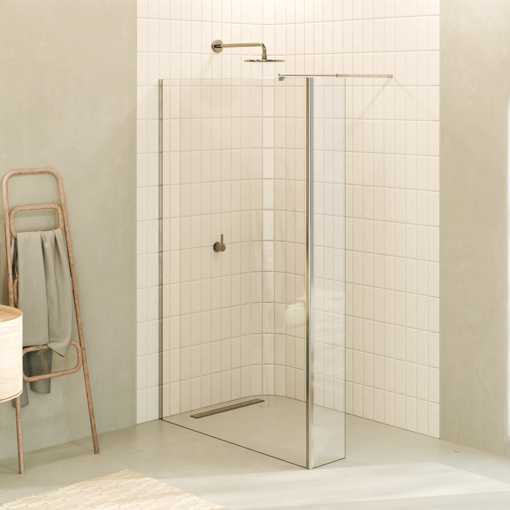 FIONA - Painel de Duche Walk-In com Painel Lateral Fixo 40 cm a 90º em Vidro Transparente 10mm com Perfil e Barra Estabilizadora Cromado