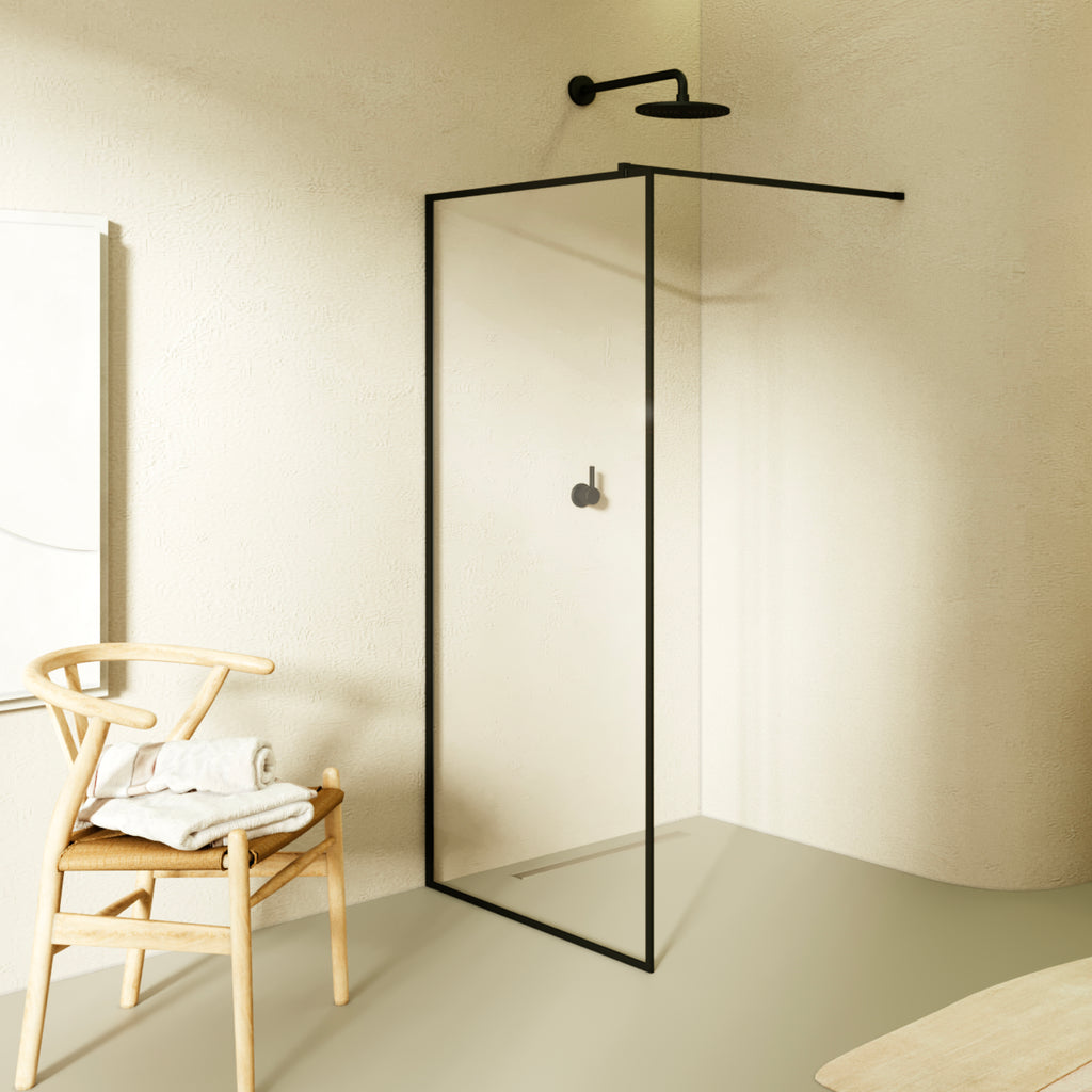 GIANNA - Painel de Duche Walk-In em Vidro Temperado com Perfil Preto e Barra Estabilizadora