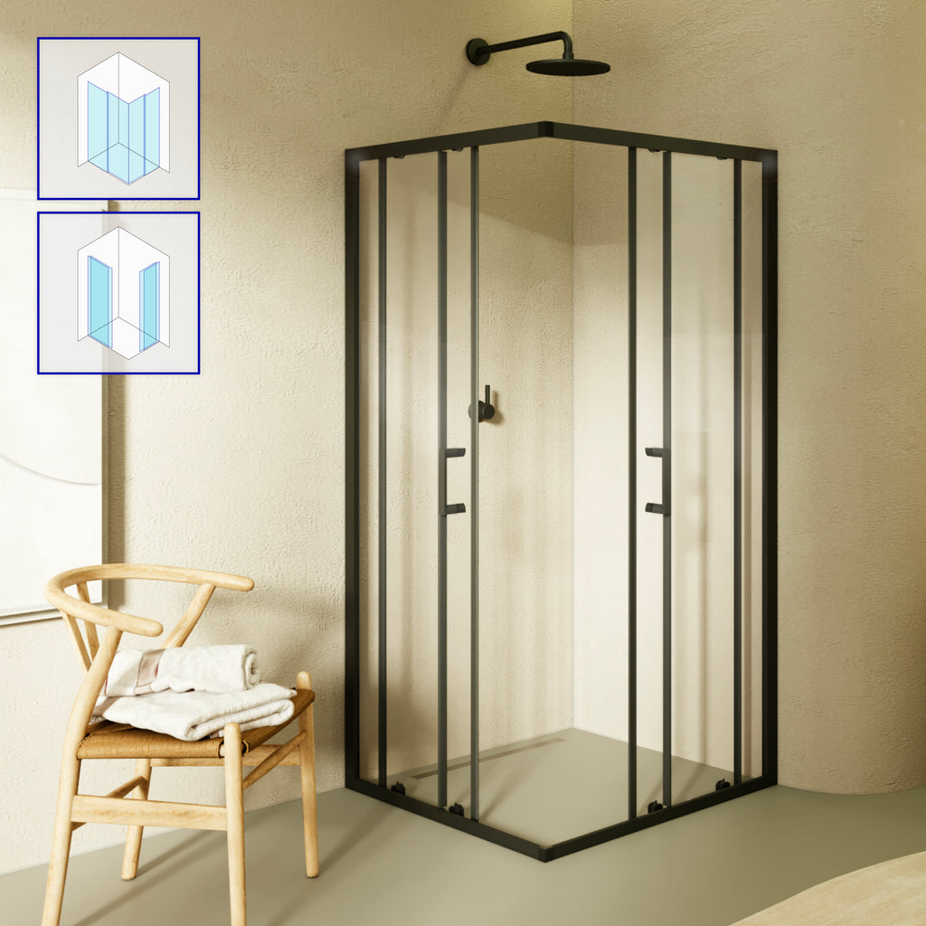 DIANA - Cabine de duche de entrada de canto portas de correr em vidro temperado e perfis pretos