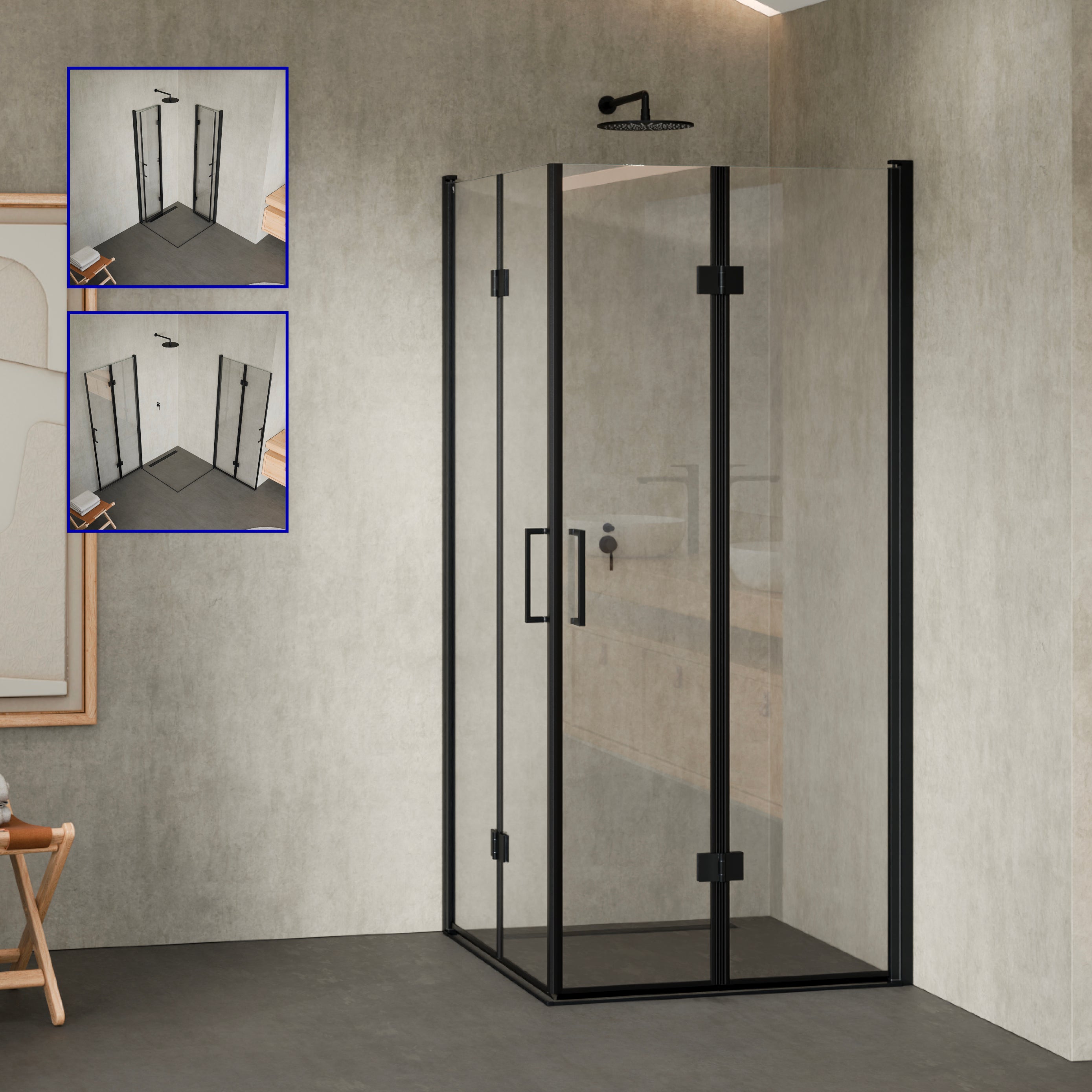 BELLE - Cabine de duche de entrada de canto com portas dobráveis em vidro temperado e perfis pretos