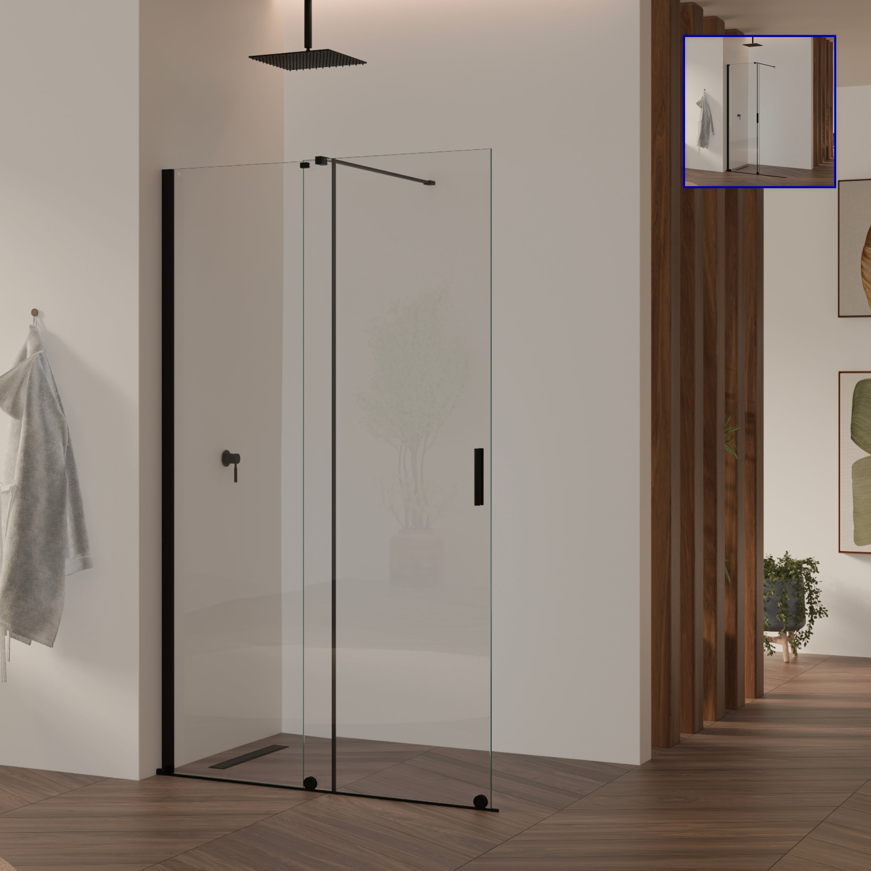 NADINE - Painel de Duche Walk-In em Vidro Temperado 8mm com Perfil Preto