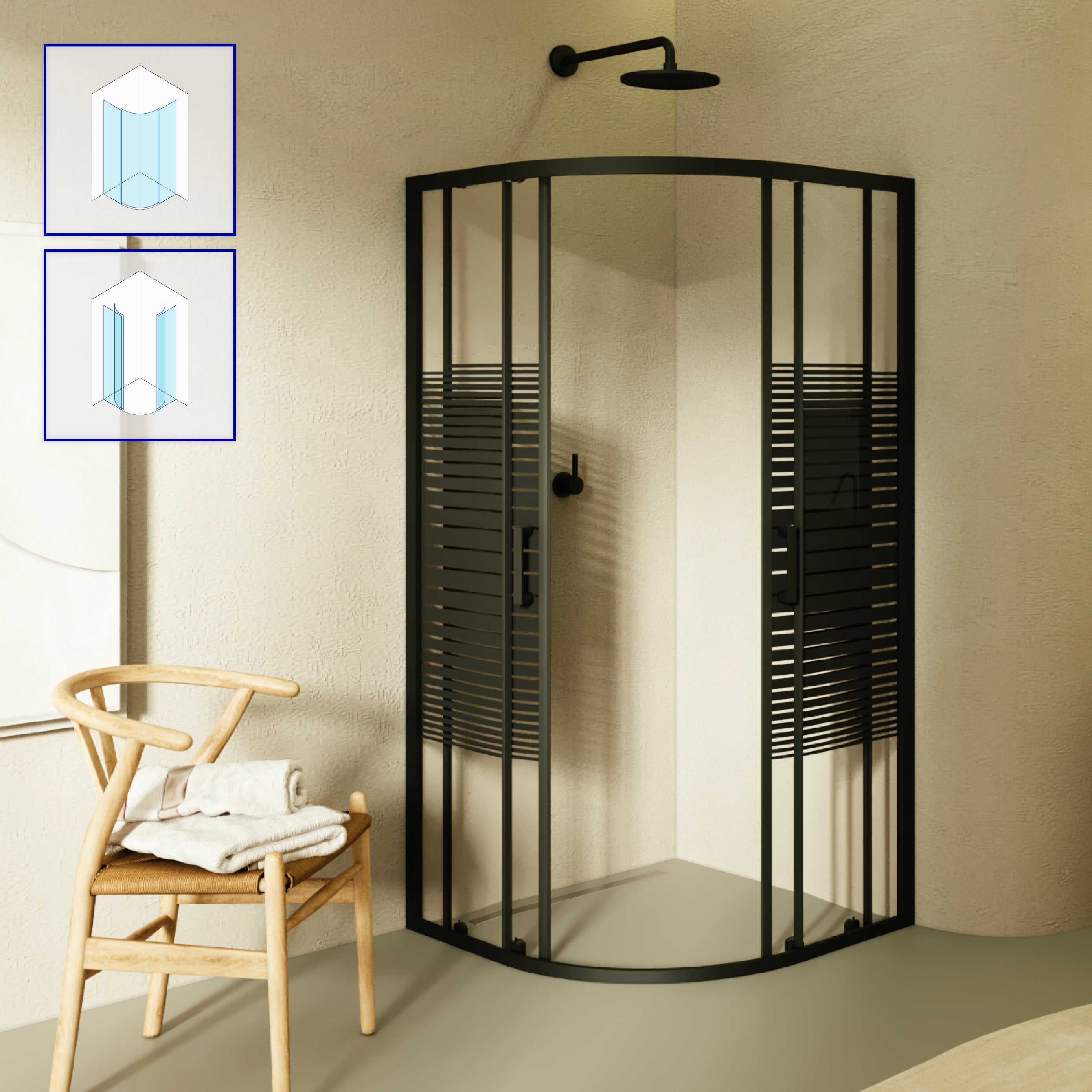 ELLA - Cabine de duche de quadrante com vidro transparente, linhas pretas e portas deslizantes