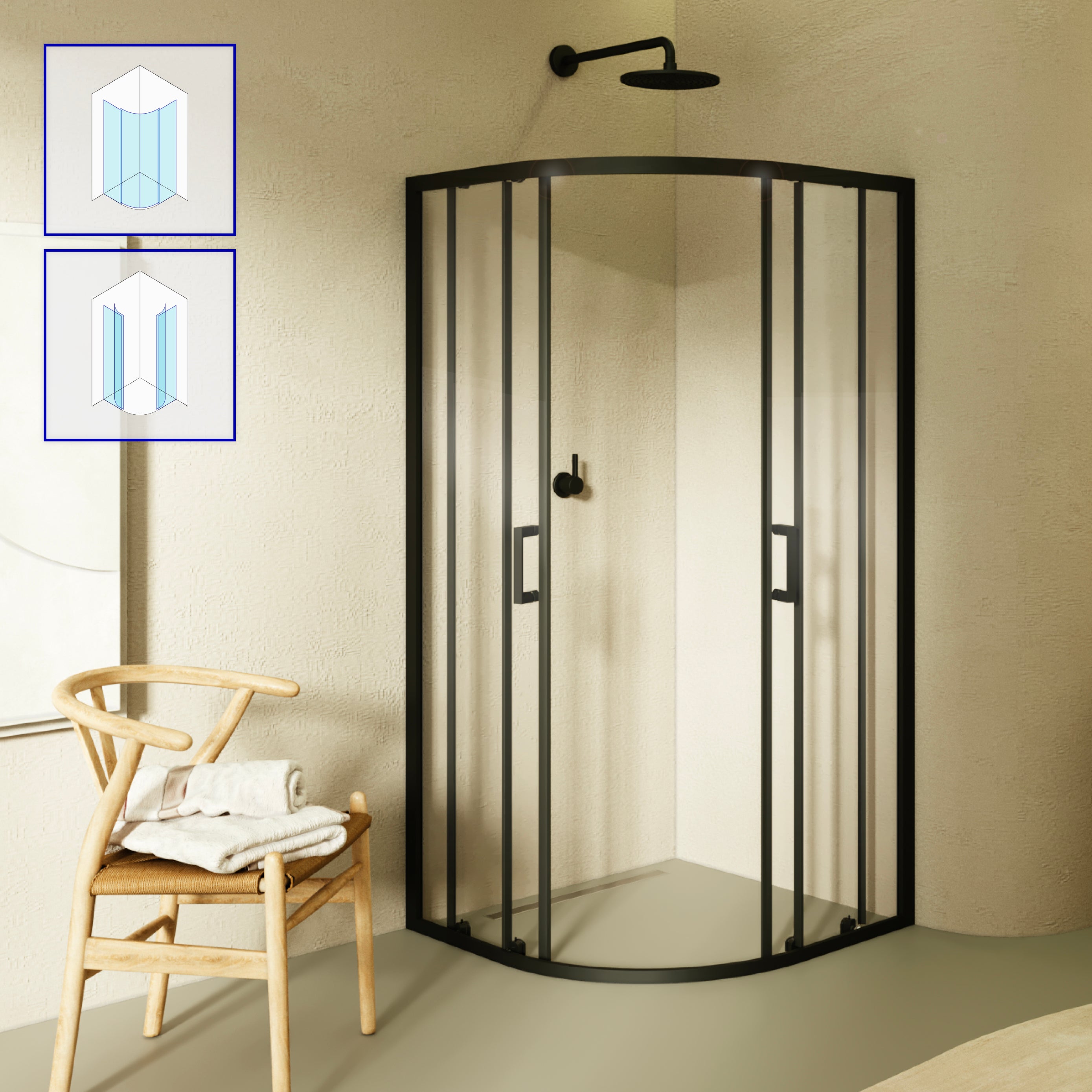 ELLA - Cabine de duche de quadrante em vidro transparente , portas deslizantes e perfis em preto