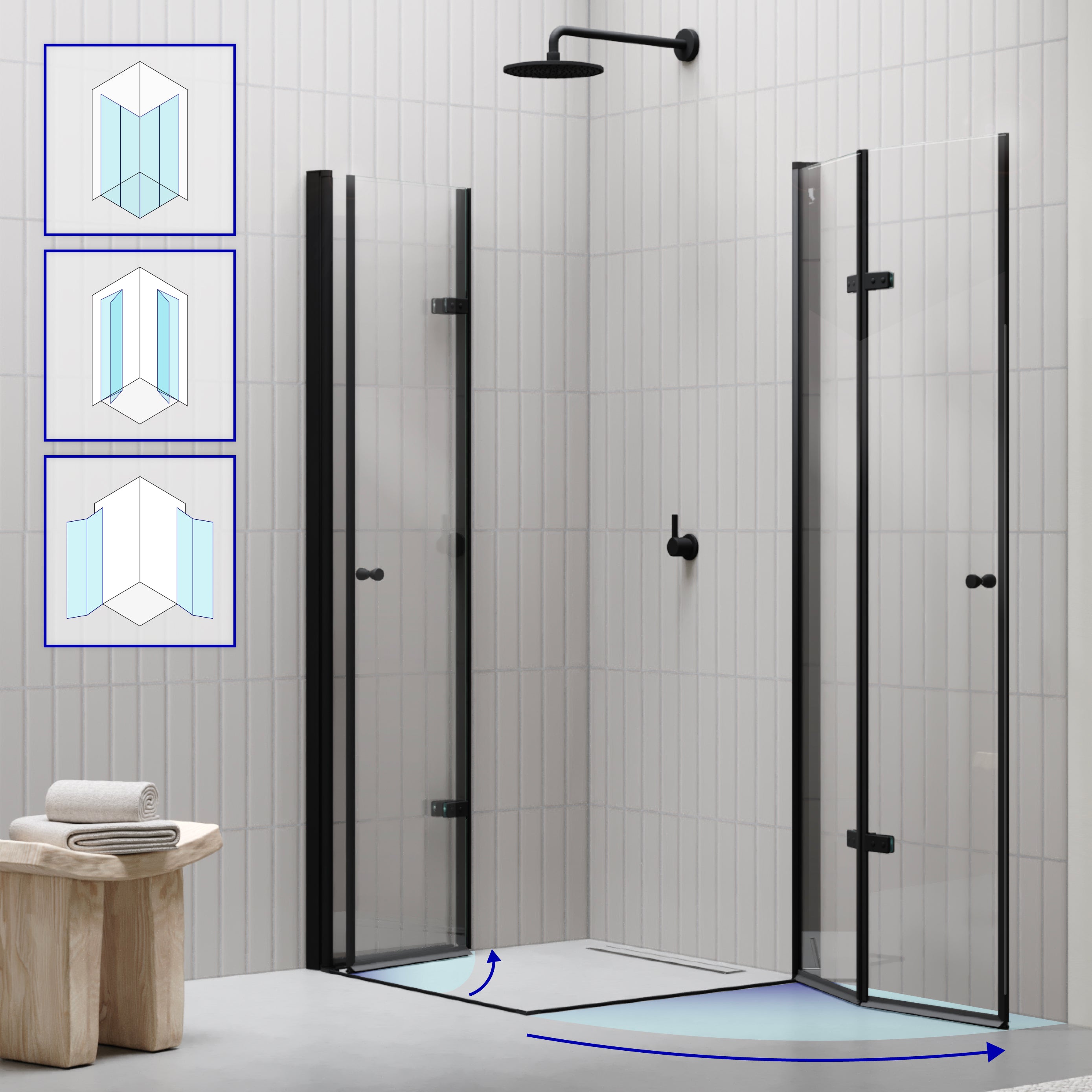 EMMA - Cabine de Duche (70-120 cm x 180-190 cm) com Vidro Transparente 6mm - Entrada de Canto, Portas articuladas e Perfis em Preto